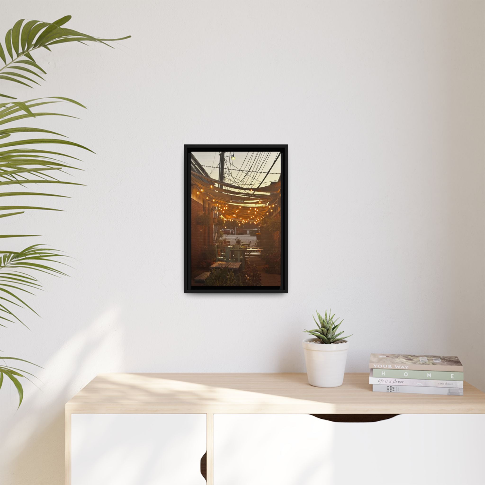 Cozy Alleyway String Lights — Framed Matte Canvas Print