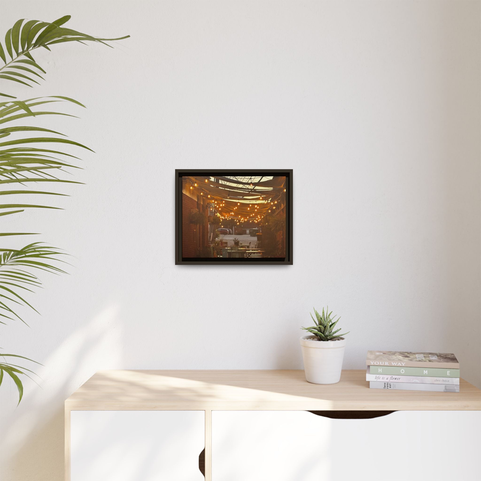 Cozy Alleyway String Lights — Framed Matte Canvas Print