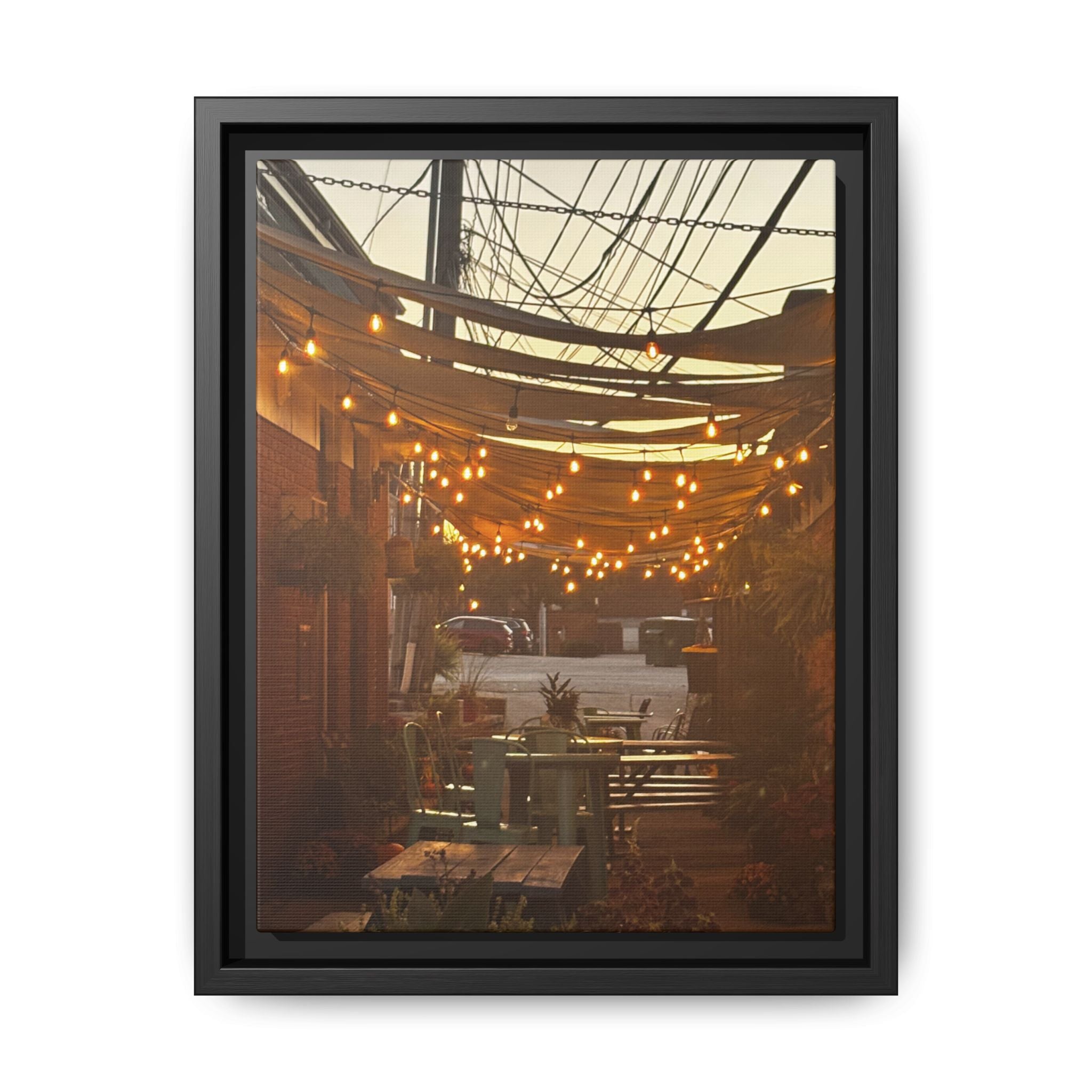 Cozy Alleyway String Lights — Framed Matte Canvas Print
