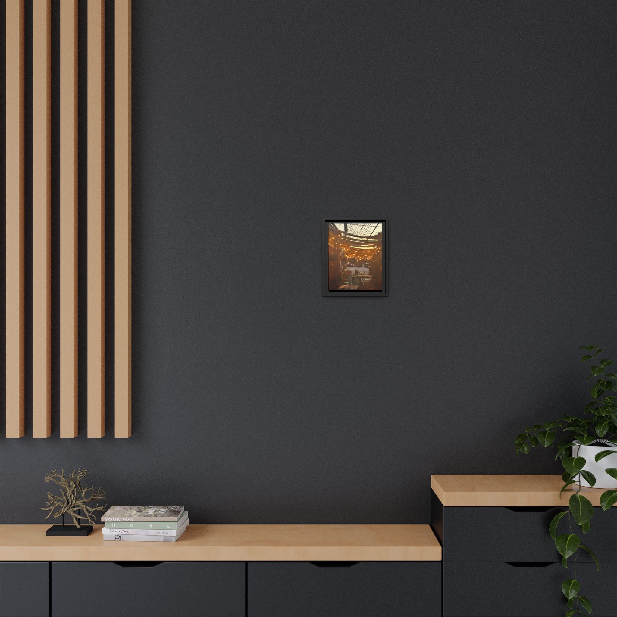 Cozy Alleyway String Lights — Framed Matte Canvas Print