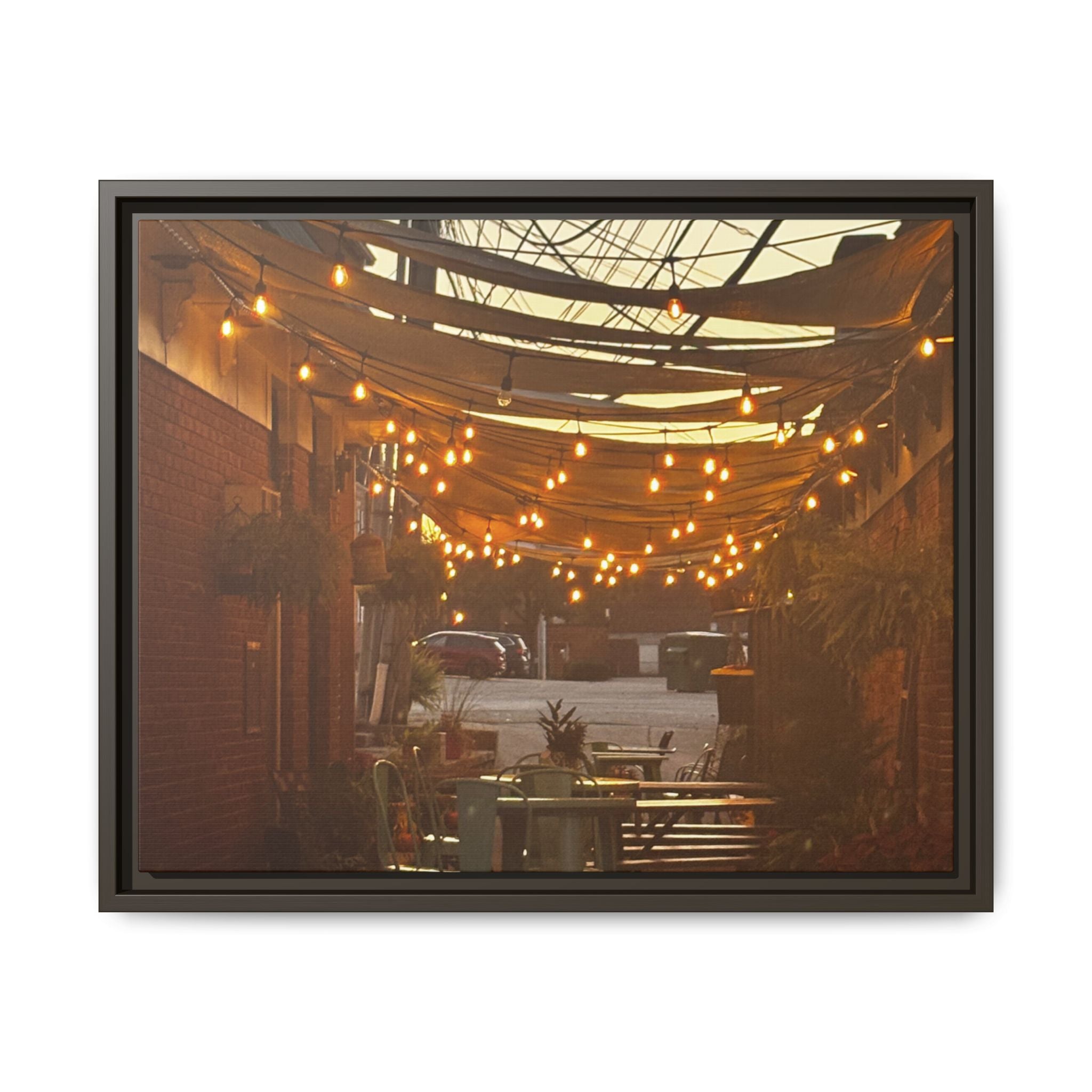 Cozy Alleyway String Lights — Framed Matte Canvas Print