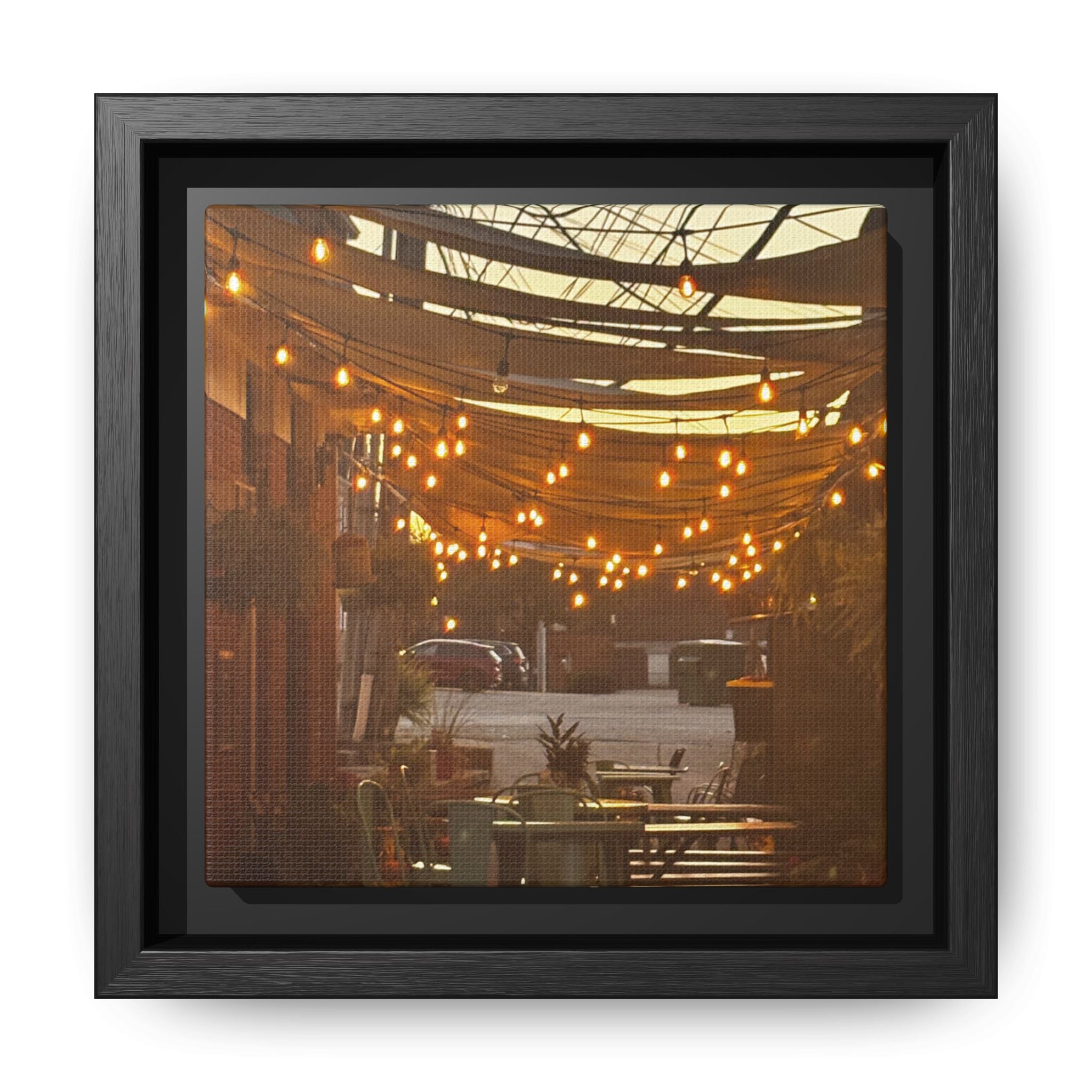 Cozy Alleyway String Lights — Framed Matte Canvas Print