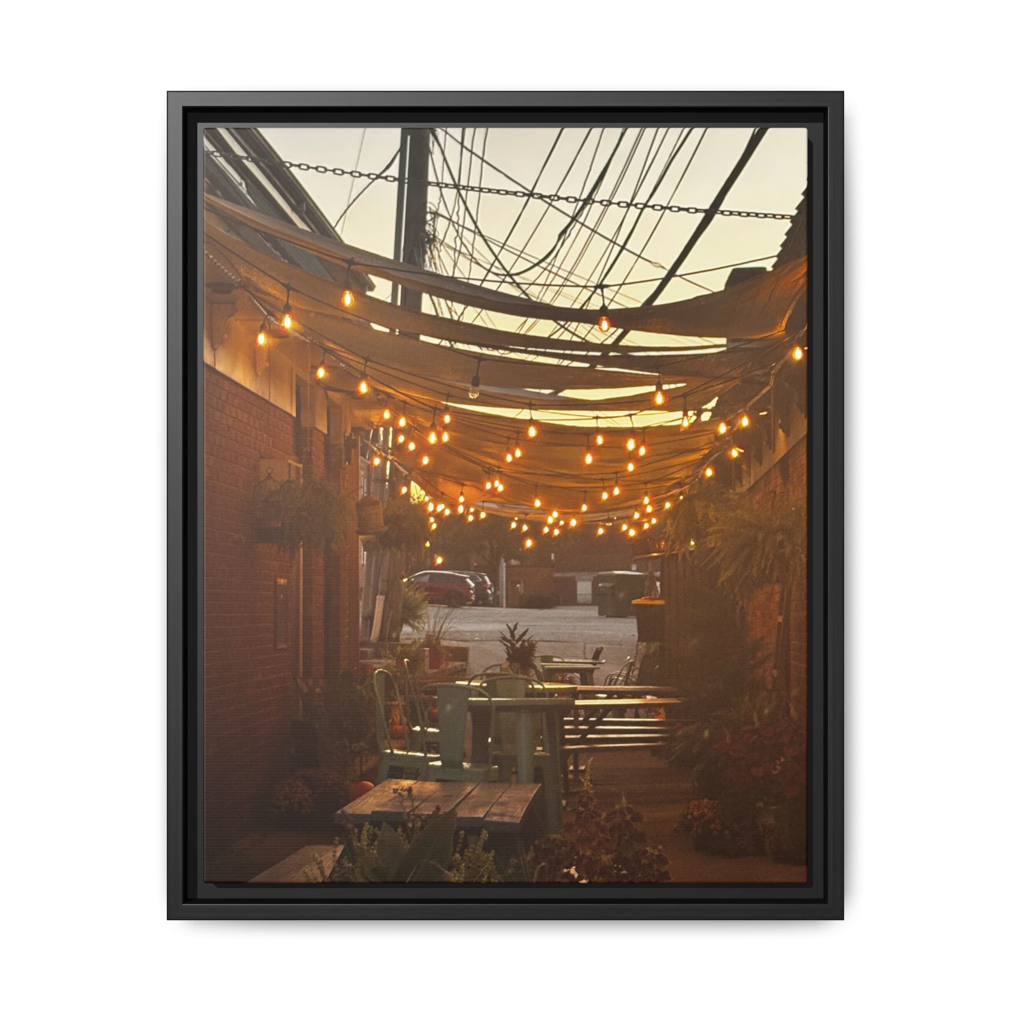Cozy Alleyway String Lights — Framed Matte Canvas Print