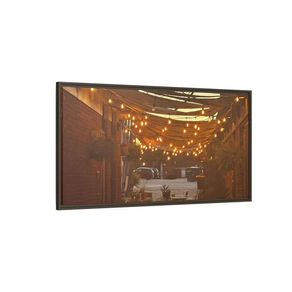 Cozy Alleyway String Lights — Framed Matte Canvas Print
