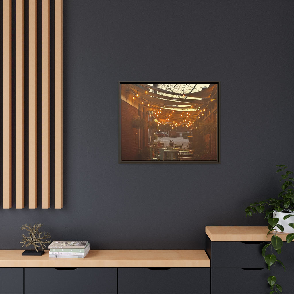 Cozy Alleyway String Lights — Framed Matte Canvas Print