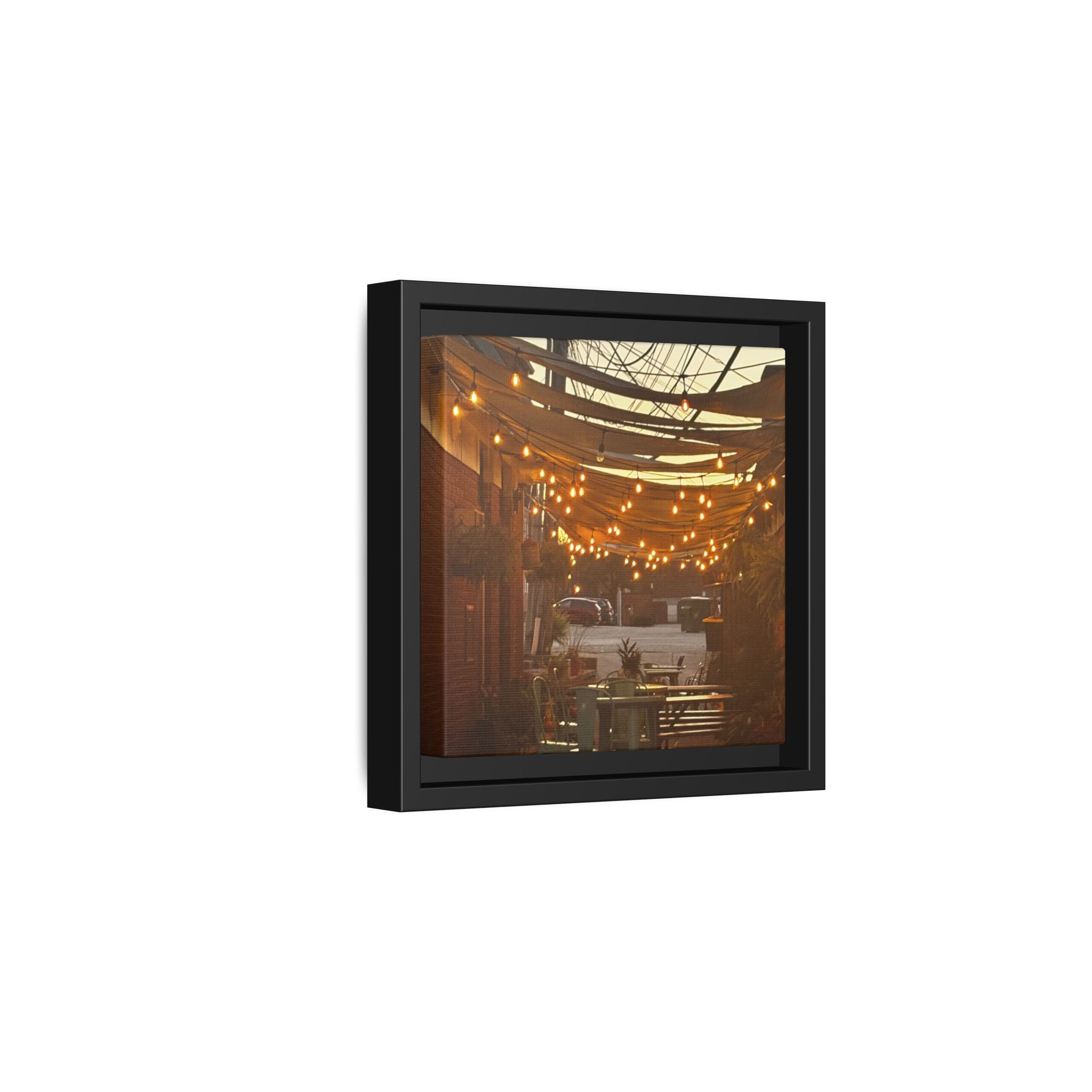 Cozy Alleyway String Lights — Framed Matte Canvas Print
