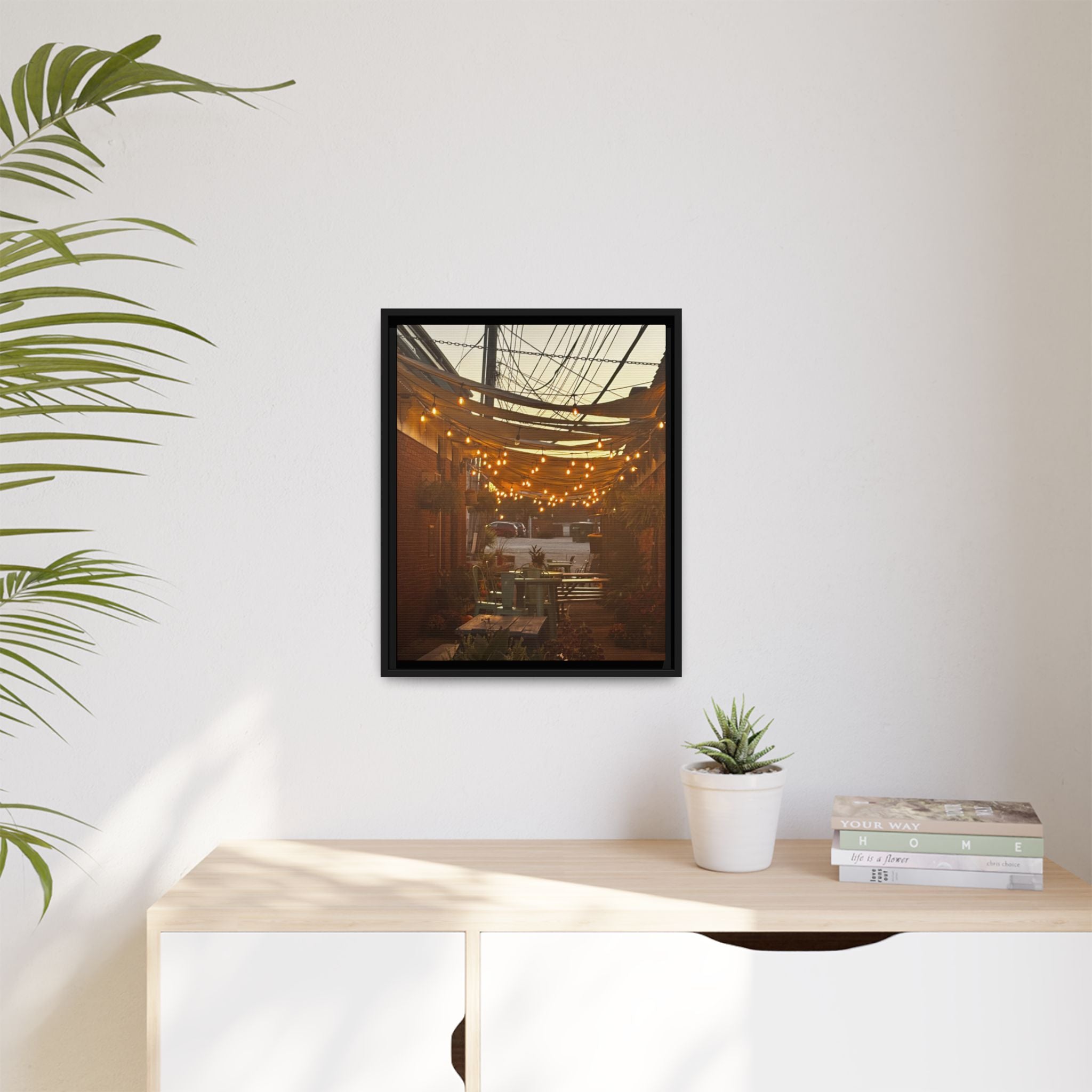 Cozy Alleyway String Lights — Framed Matte Canvas Print