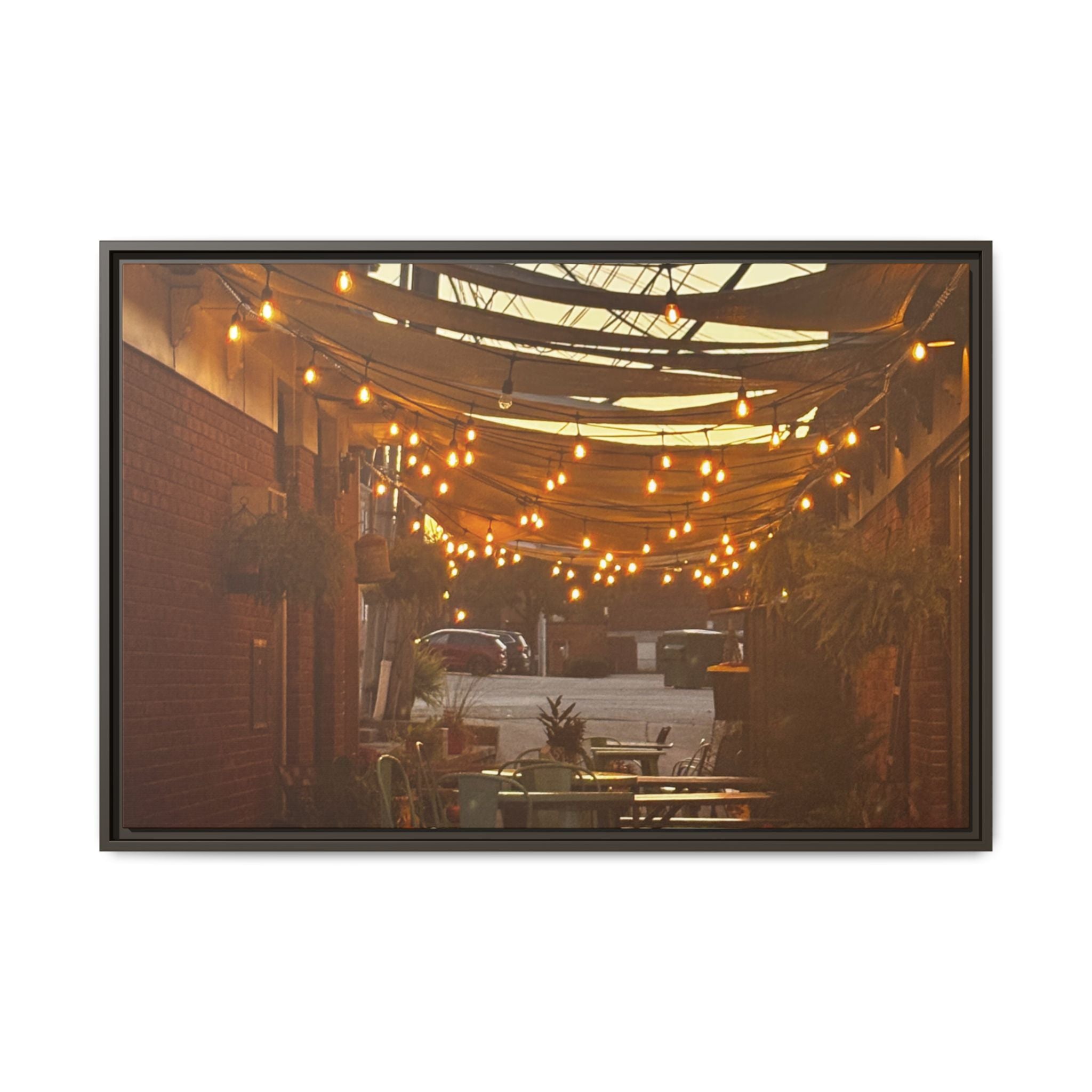 Cozy Alleyway String Lights — Framed Matte Canvas Print