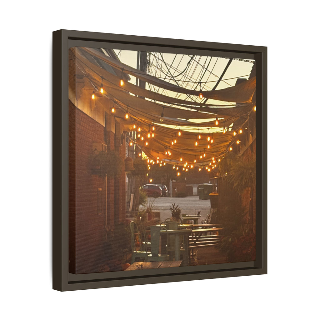 Cozy Alleyway String Lights — Framed Matte Canvas Print