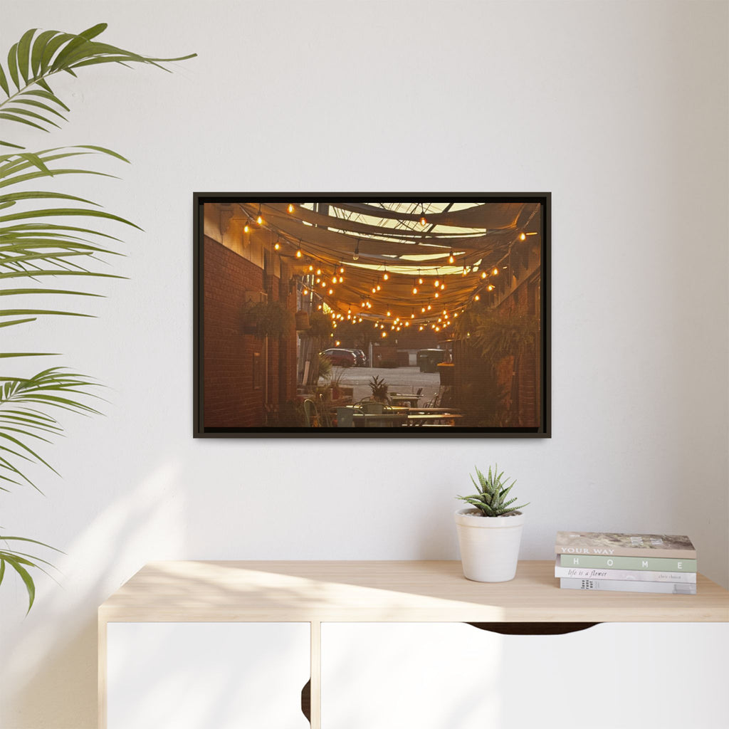 Cozy Alleyway String Lights — Framed Matte Canvas Print