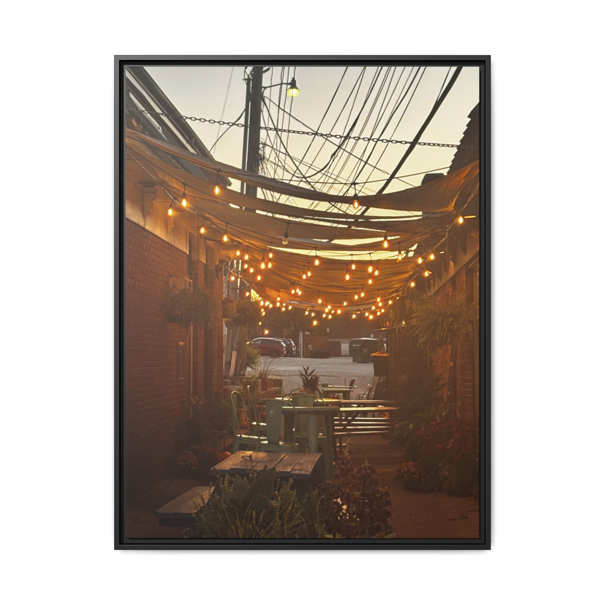 Cozy Alleyway String Lights — Framed Matte Canvas Print
