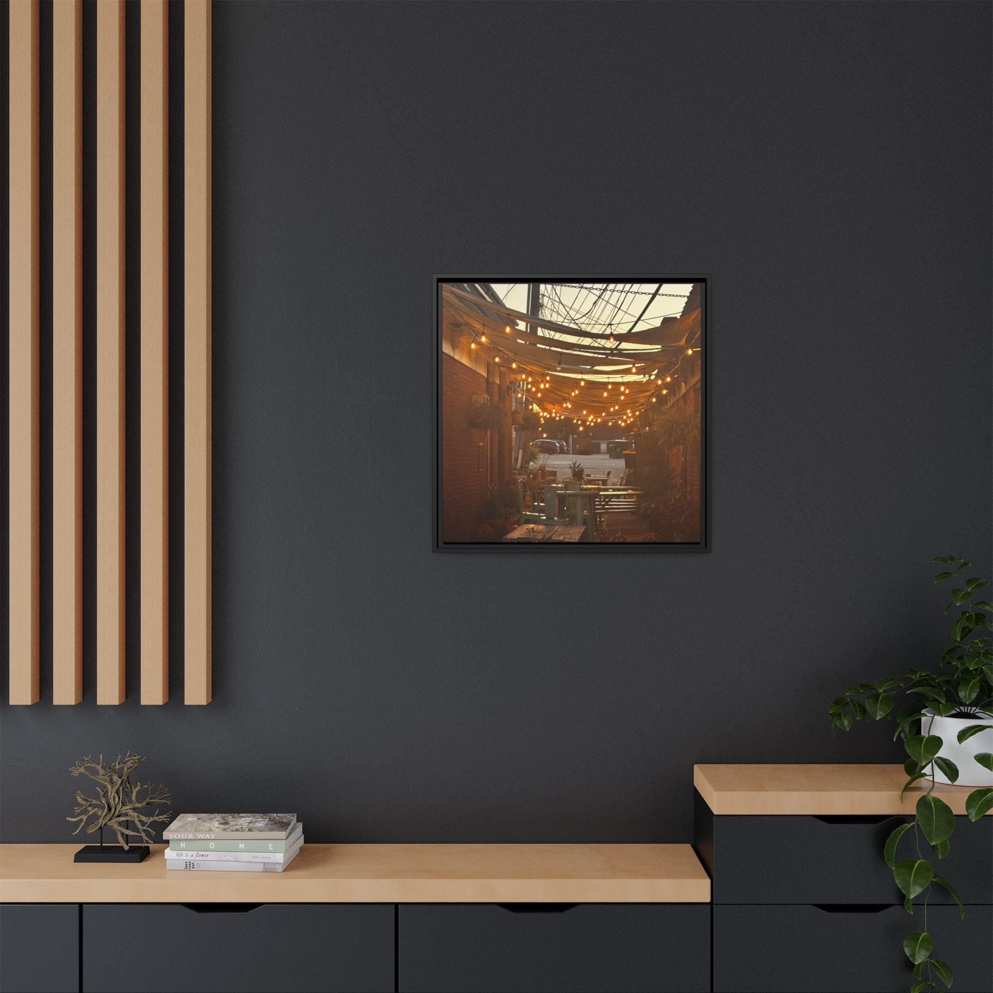 Cozy Alleyway String Lights — Framed Matte Canvas Print