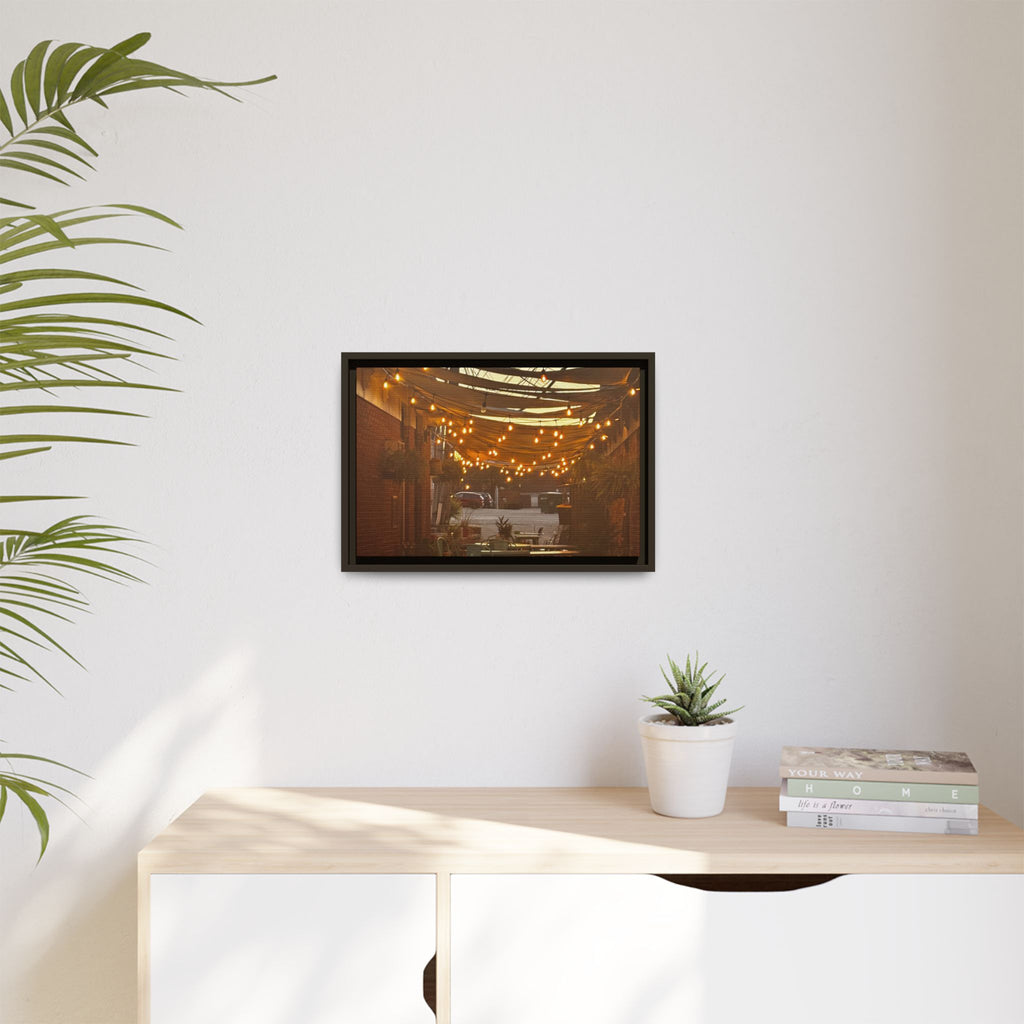 Cozy Alleyway String Lights — Framed Matte Canvas Print
