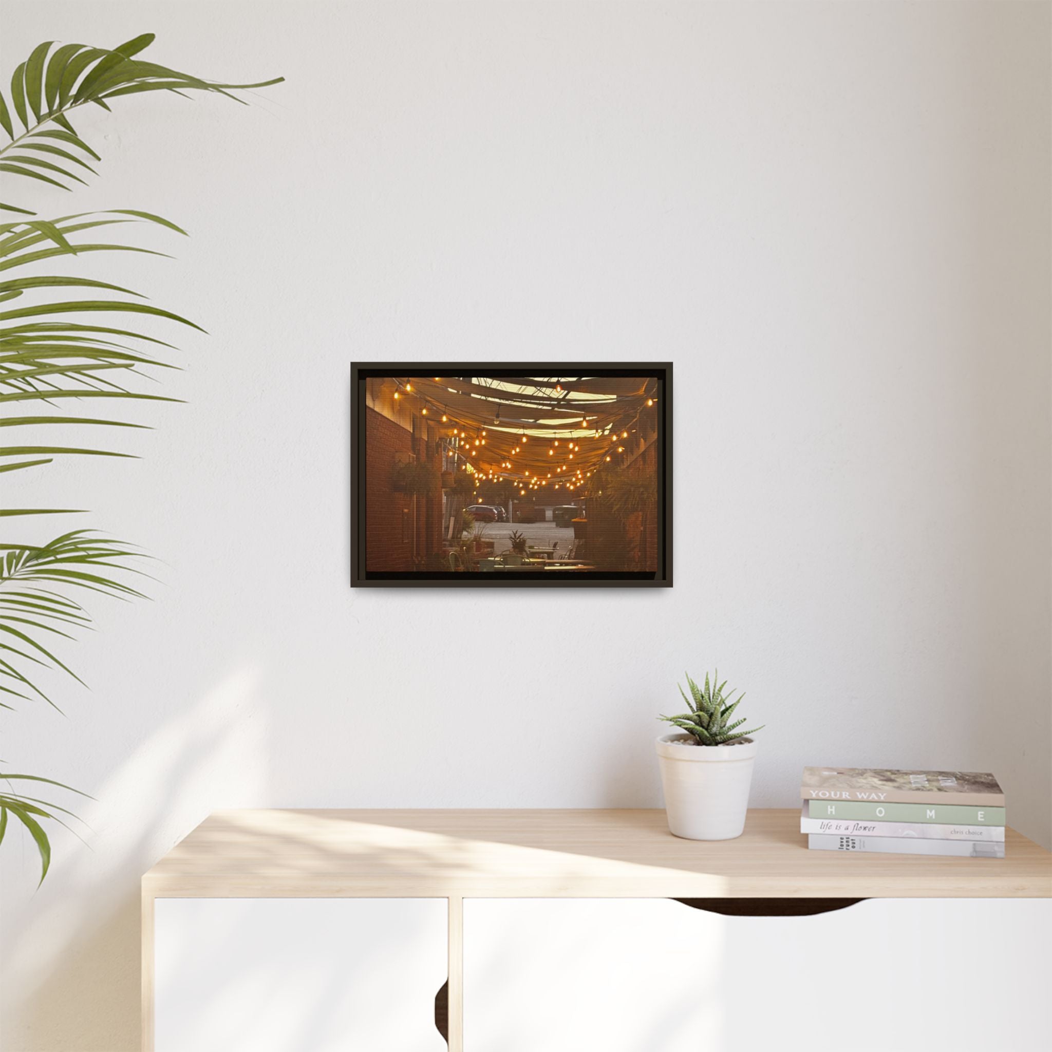 Cozy Alleyway String Lights — Framed Matte Canvas Print