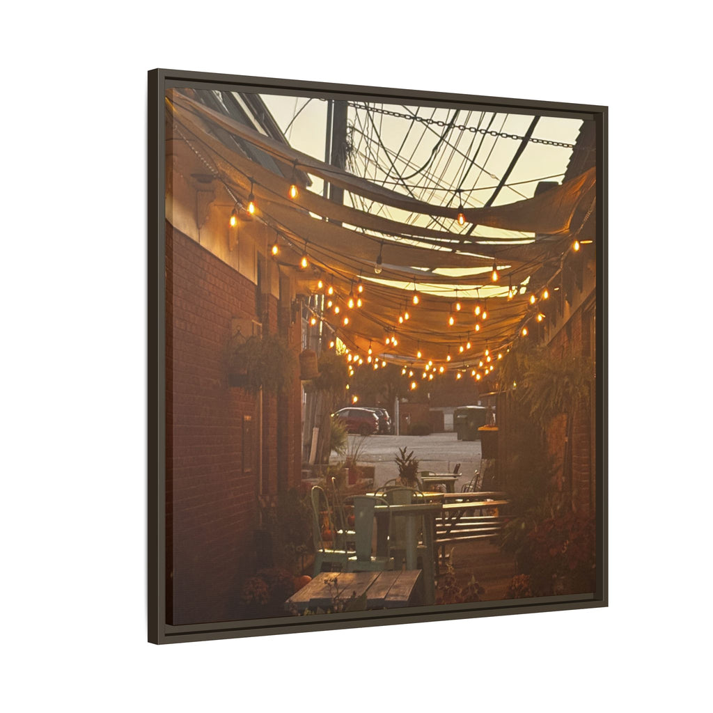 Cozy Alleyway String Lights — Framed Matte Canvas Print