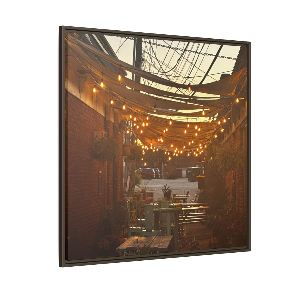 Cozy Alleyway String Lights — Framed Matte Canvas Print