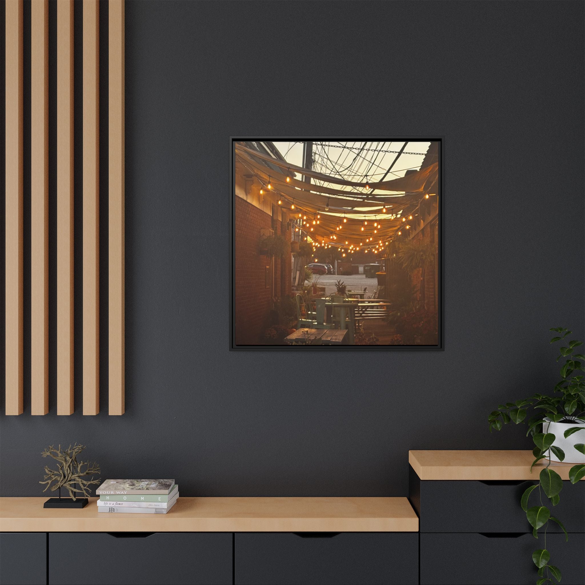 Cozy Alleyway String Lights — Framed Matte Canvas Print