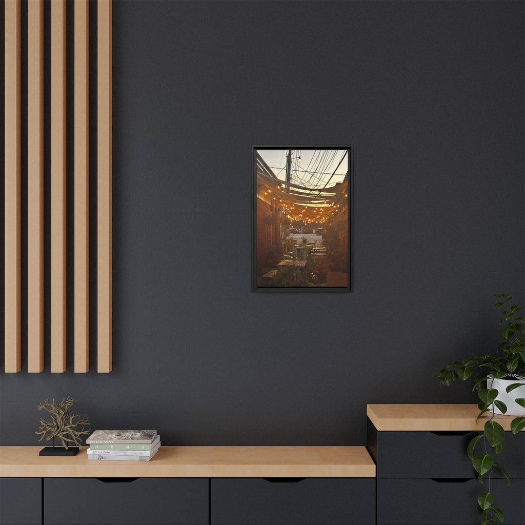 Cozy Alleyway String Lights — Framed Matte Canvas Print