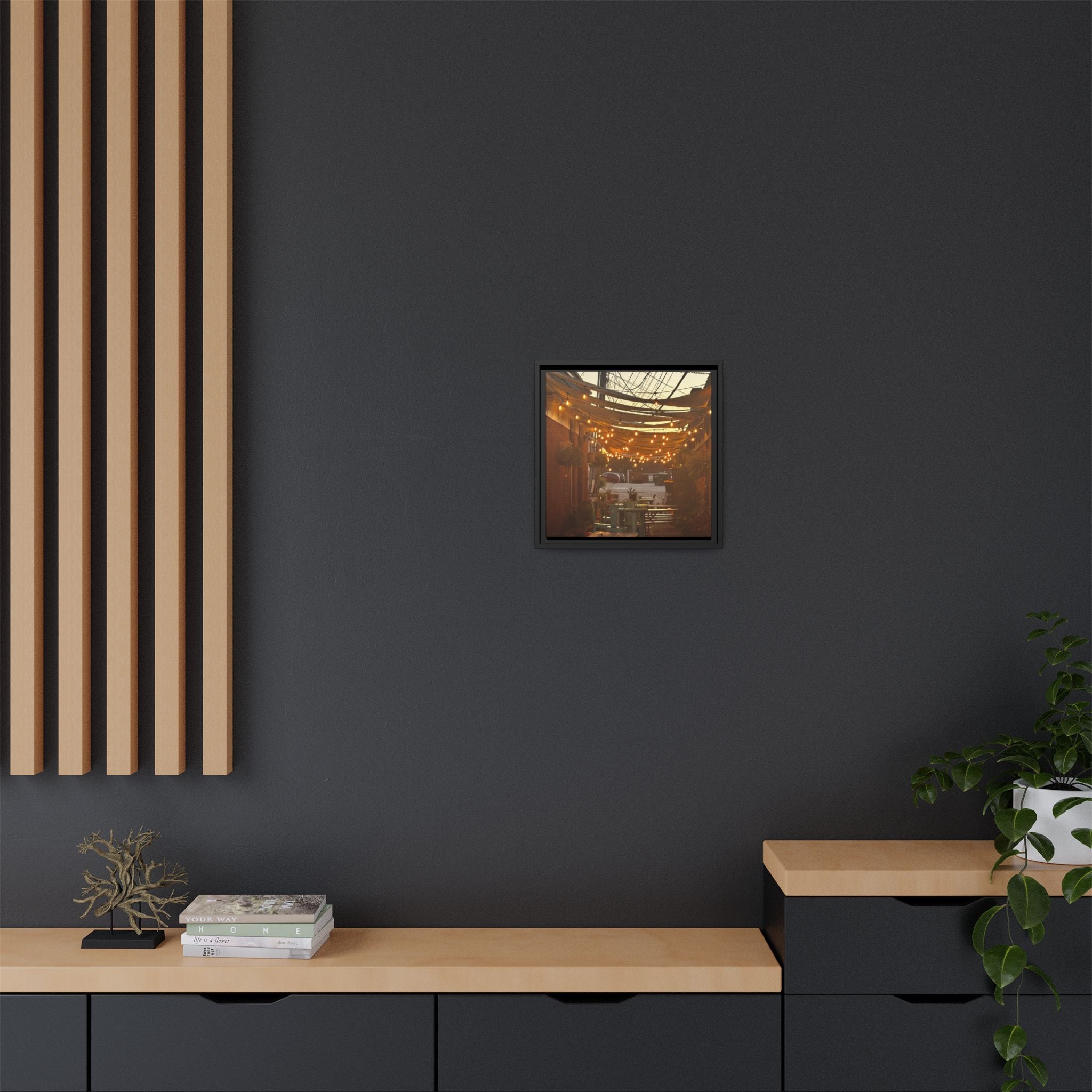 Cozy Alleyway String Lights — Framed Matte Canvas Print