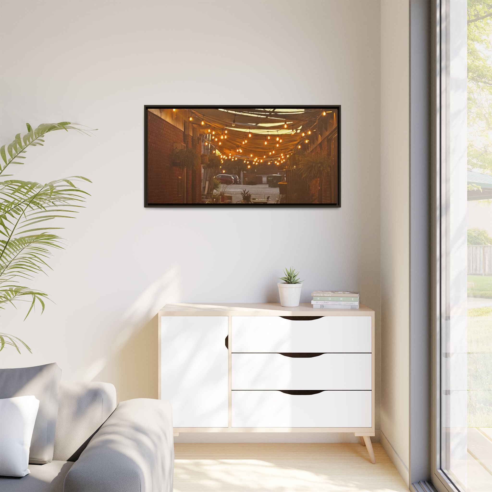 Cozy Alleyway String Lights — Framed Matte Canvas Print