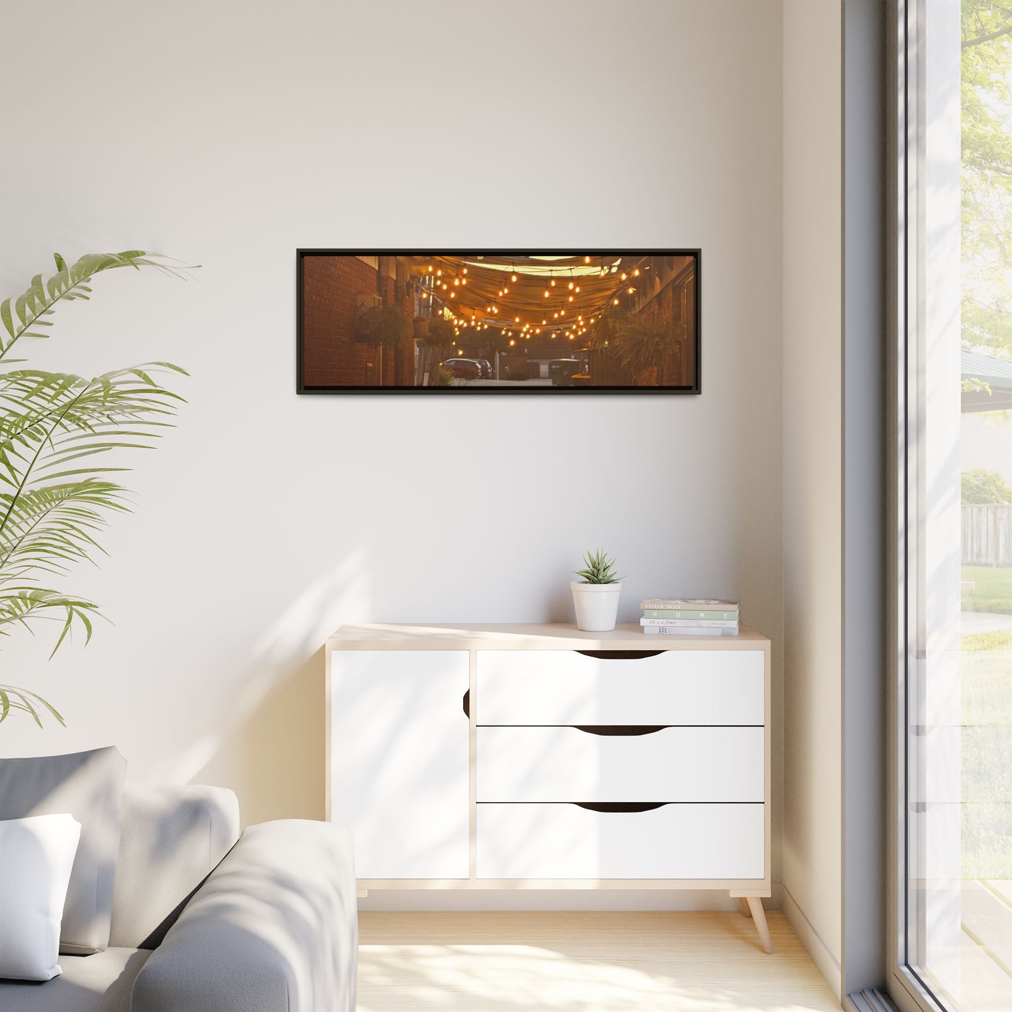 Cozy Alleyway String Lights — Framed Matte Canvas Print