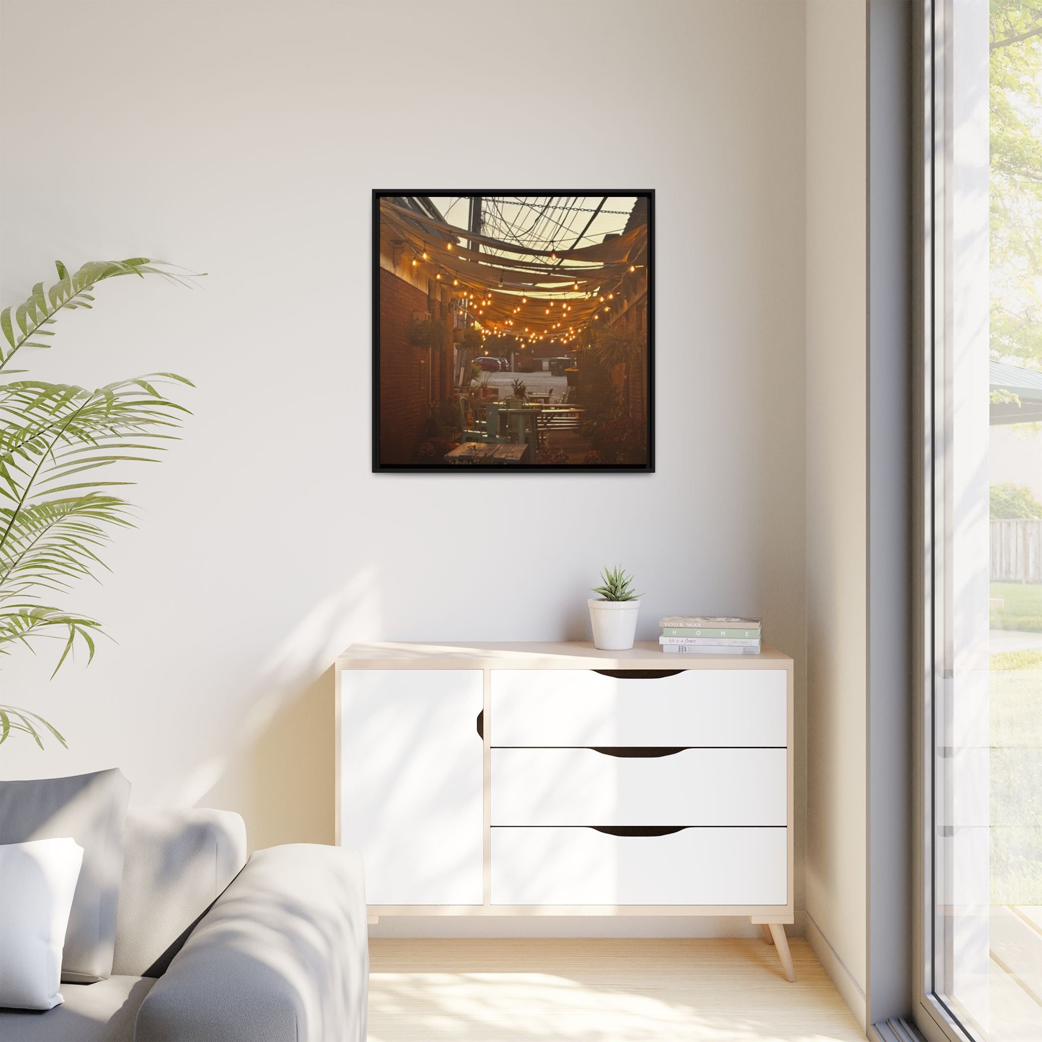 Cozy Alleyway String Lights — Framed Matte Canvas Print