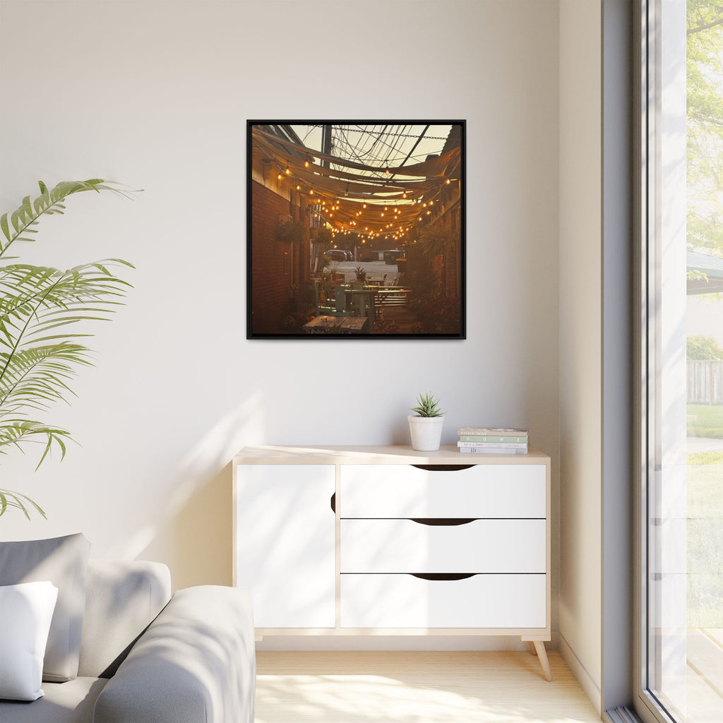 Cozy Alleyway String Lights — Framed Matte Canvas Print
