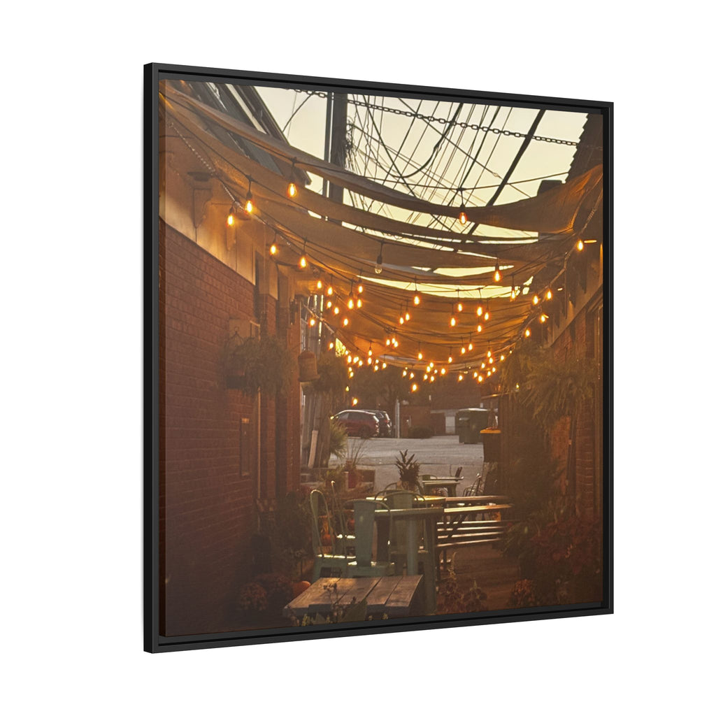 Cozy Alleyway String Lights — Framed Matte Canvas Print