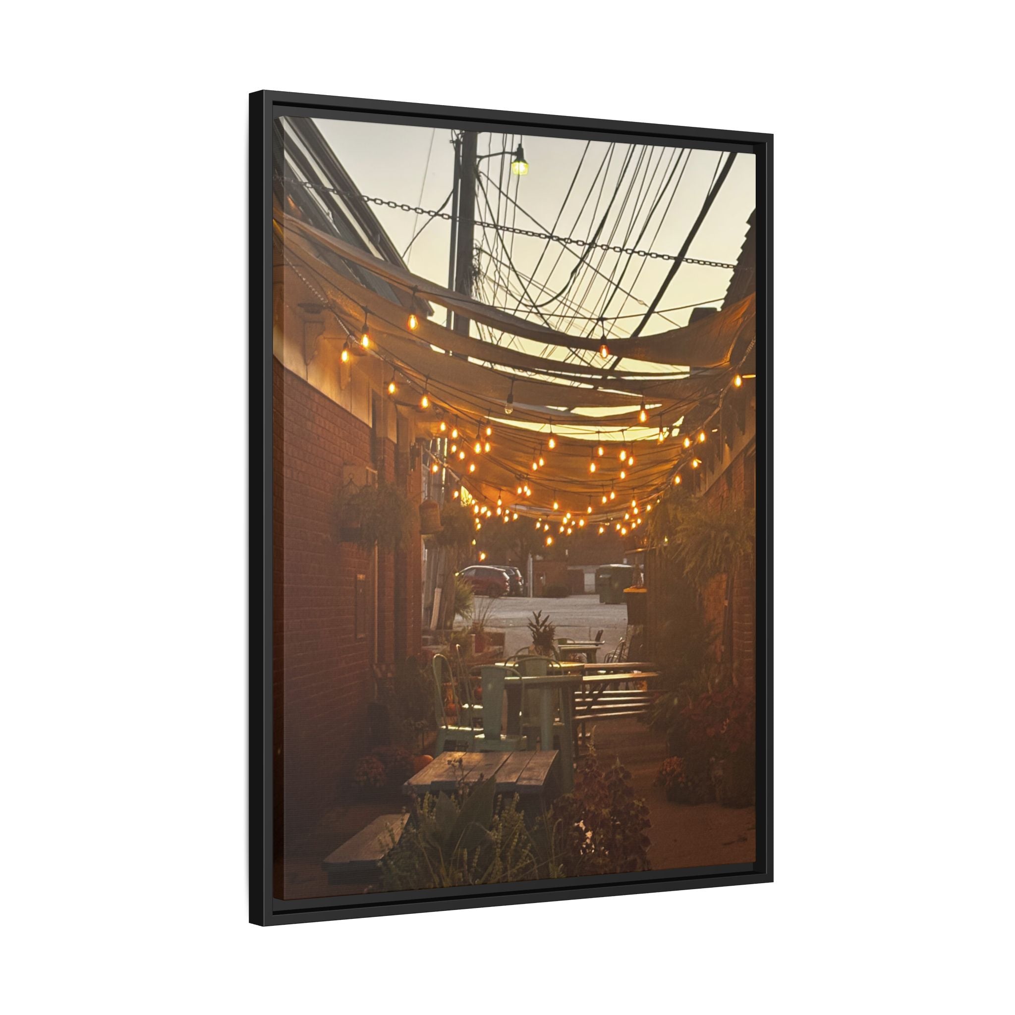 Cozy Alleyway String Lights — Framed Matte Canvas Print