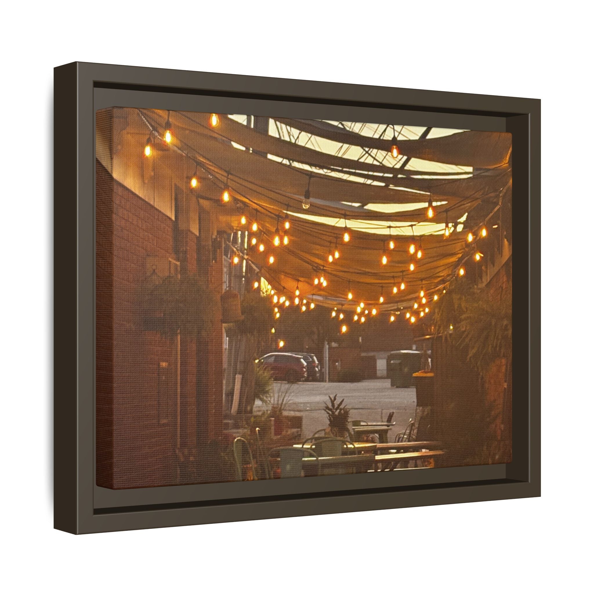 Cozy Alleyway String Lights — Framed Matte Canvas Print