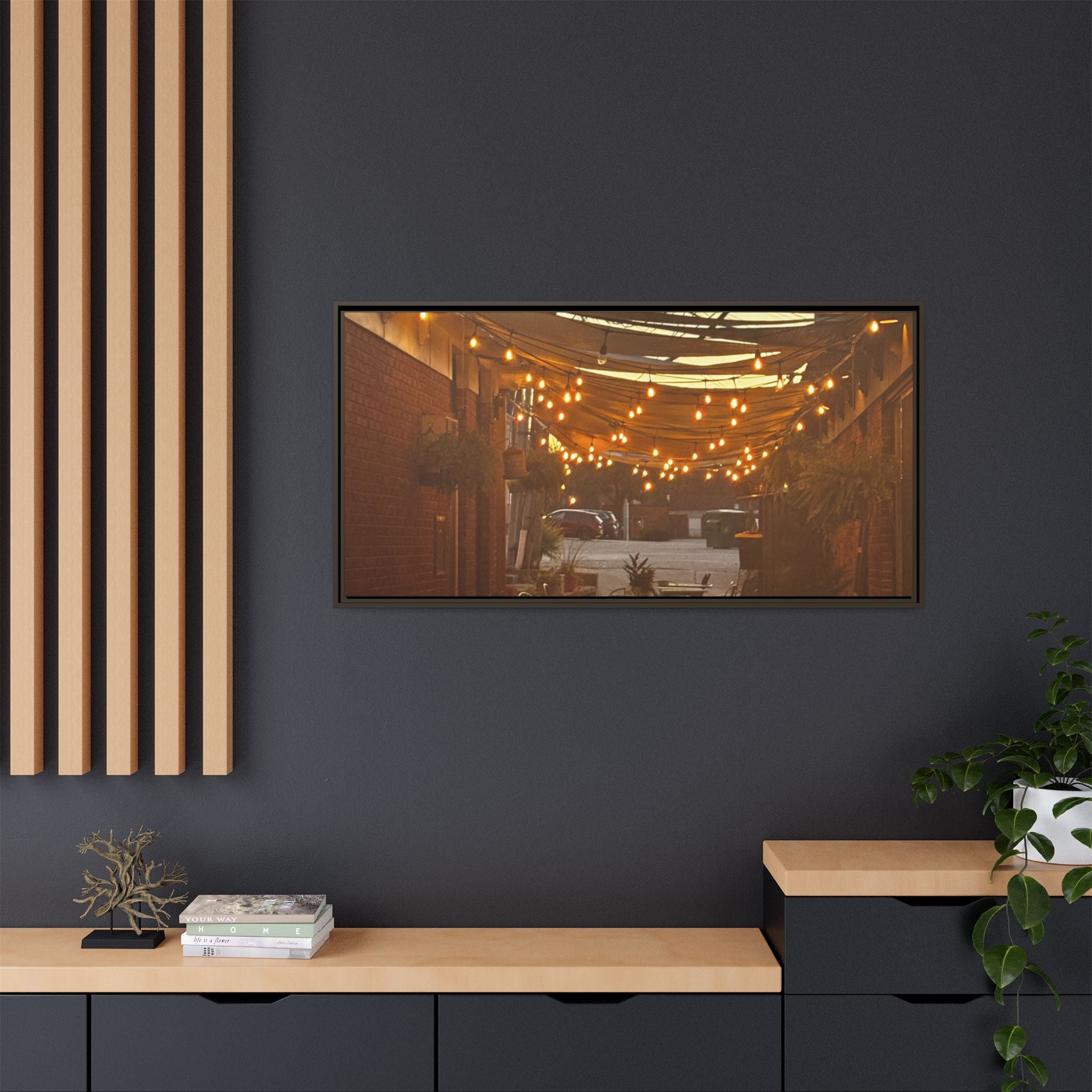 Cozy Alleyway String Lights — Framed Matte Canvas Print