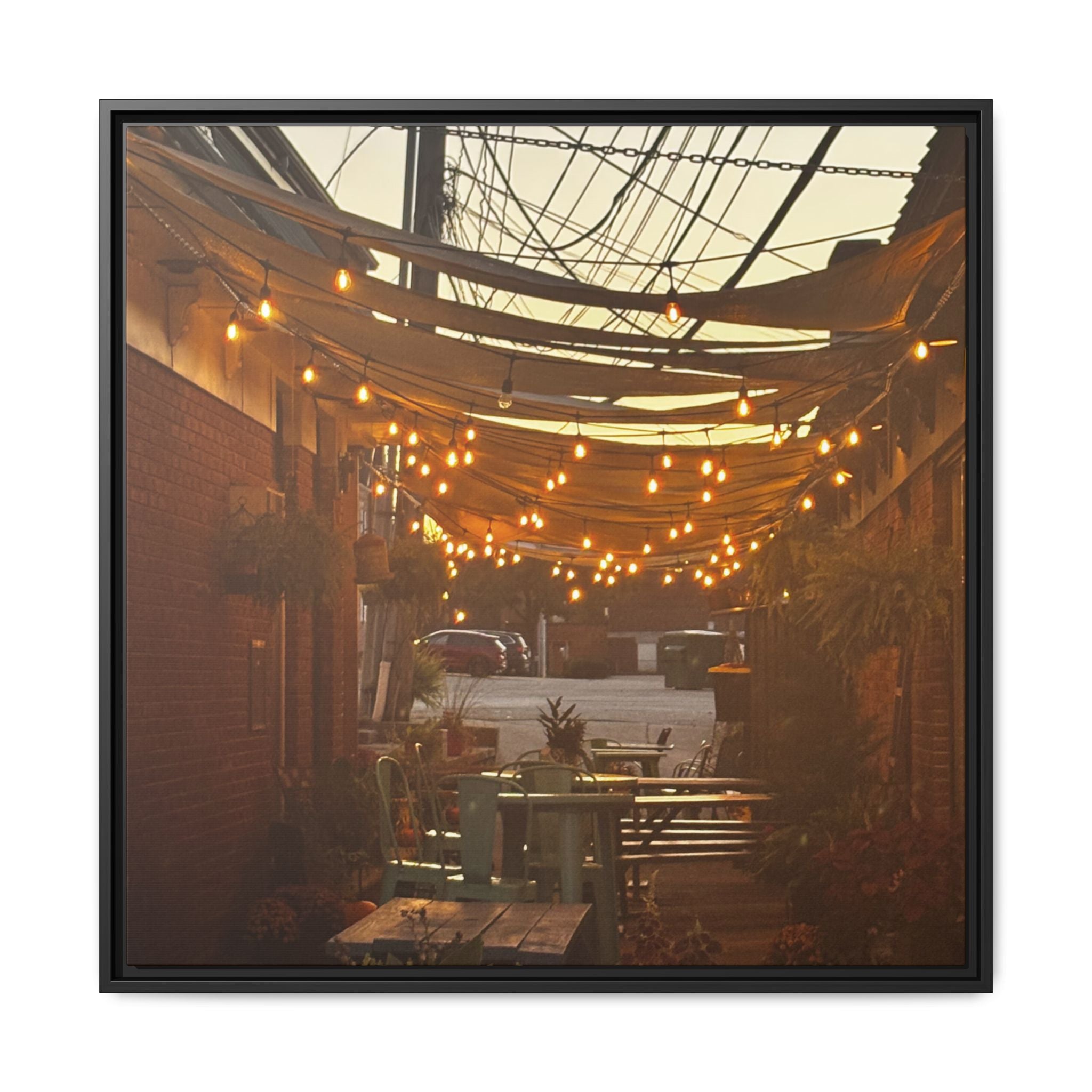 Cozy Alleyway String Lights — Framed Matte Canvas Print