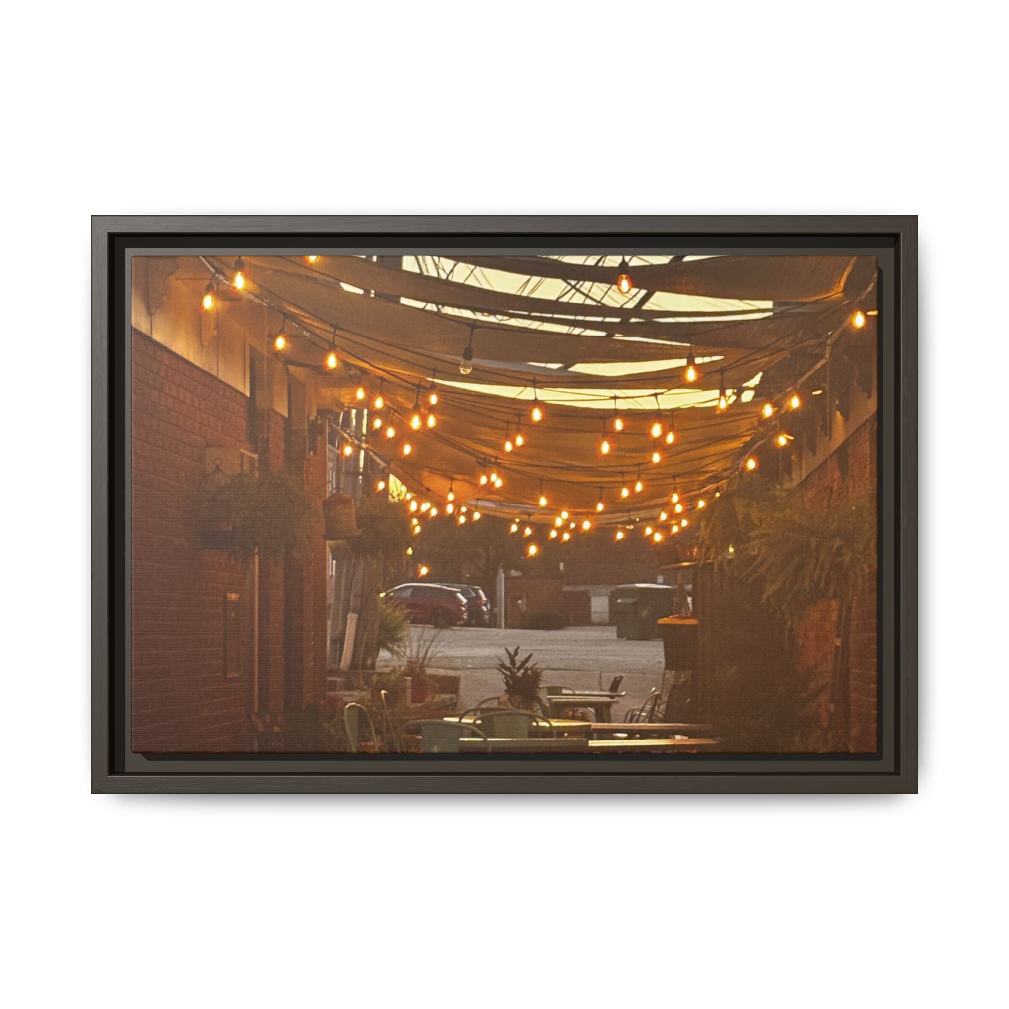 Cozy Alleyway String Lights — Framed Matte Canvas Print