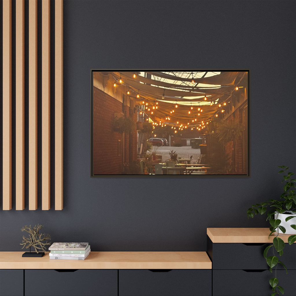 Cozy Alleyway String Lights — Framed Matte Canvas Print
