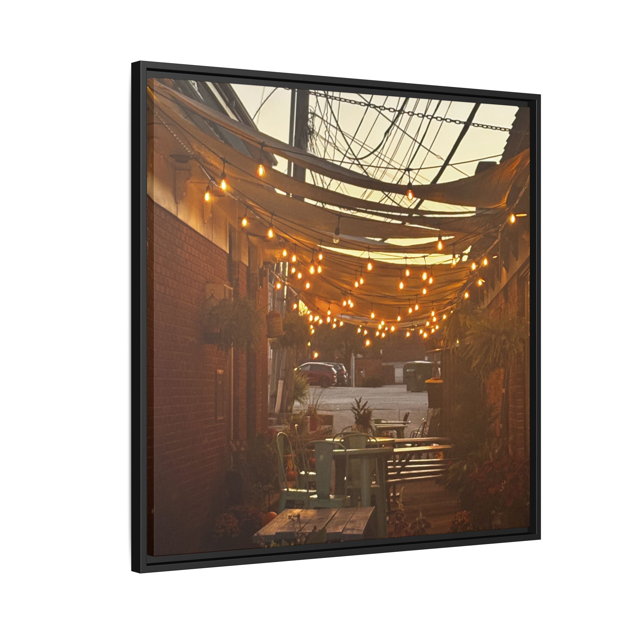 Cozy Alleyway String Lights — Framed Matte Canvas Print