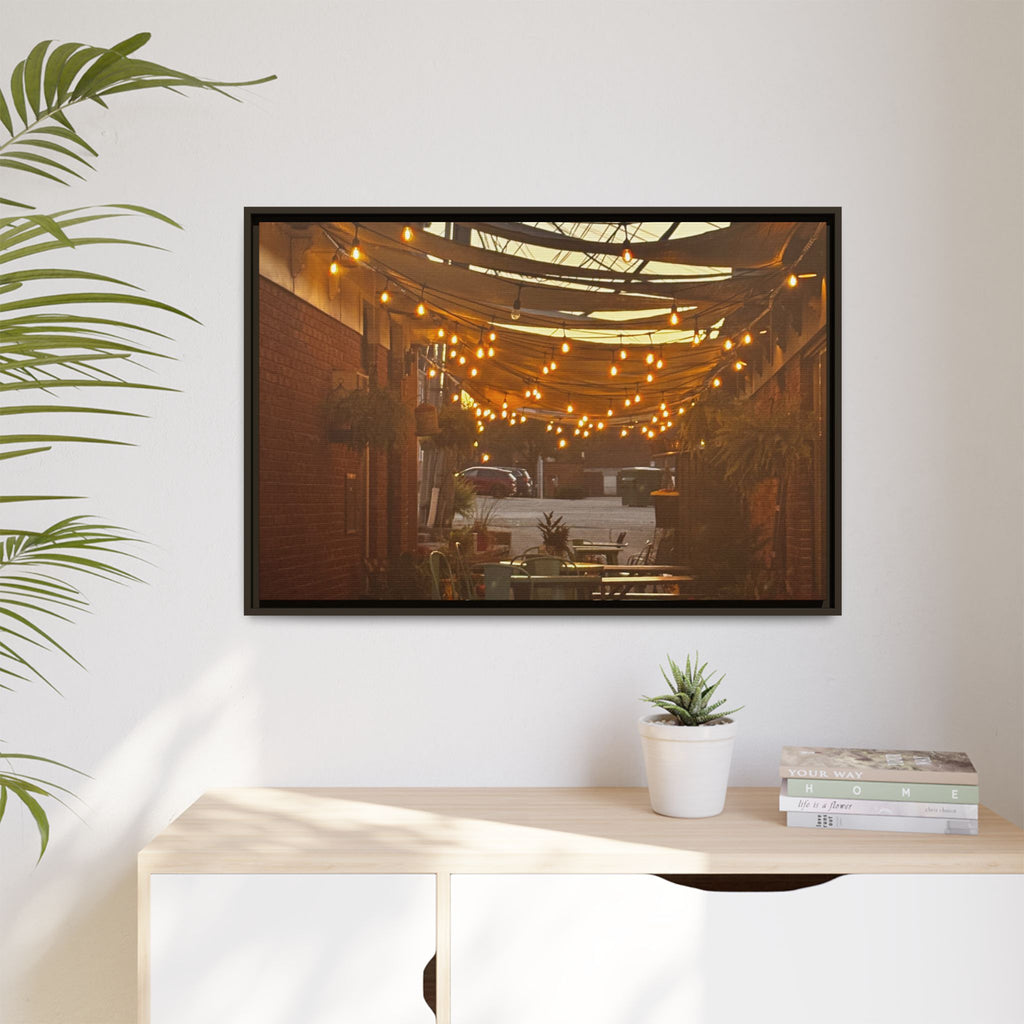 Cozy Alleyway String Lights — Framed Matte Canvas Print