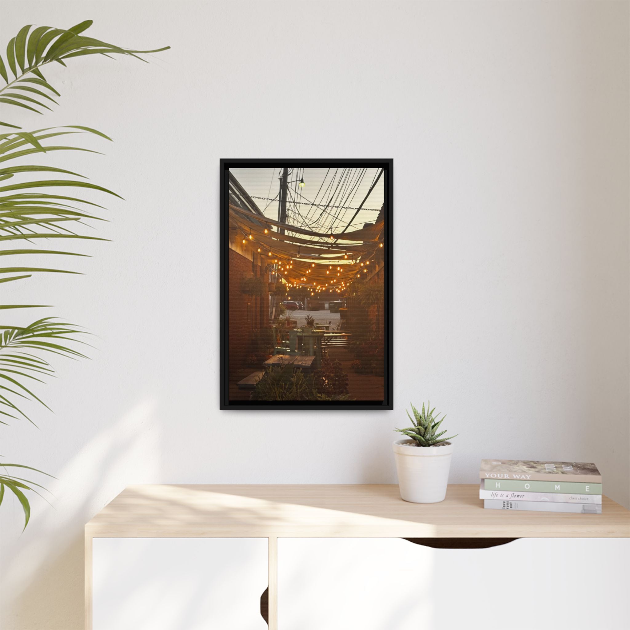 Cozy Alleyway String Lights — Framed Matte Canvas Print