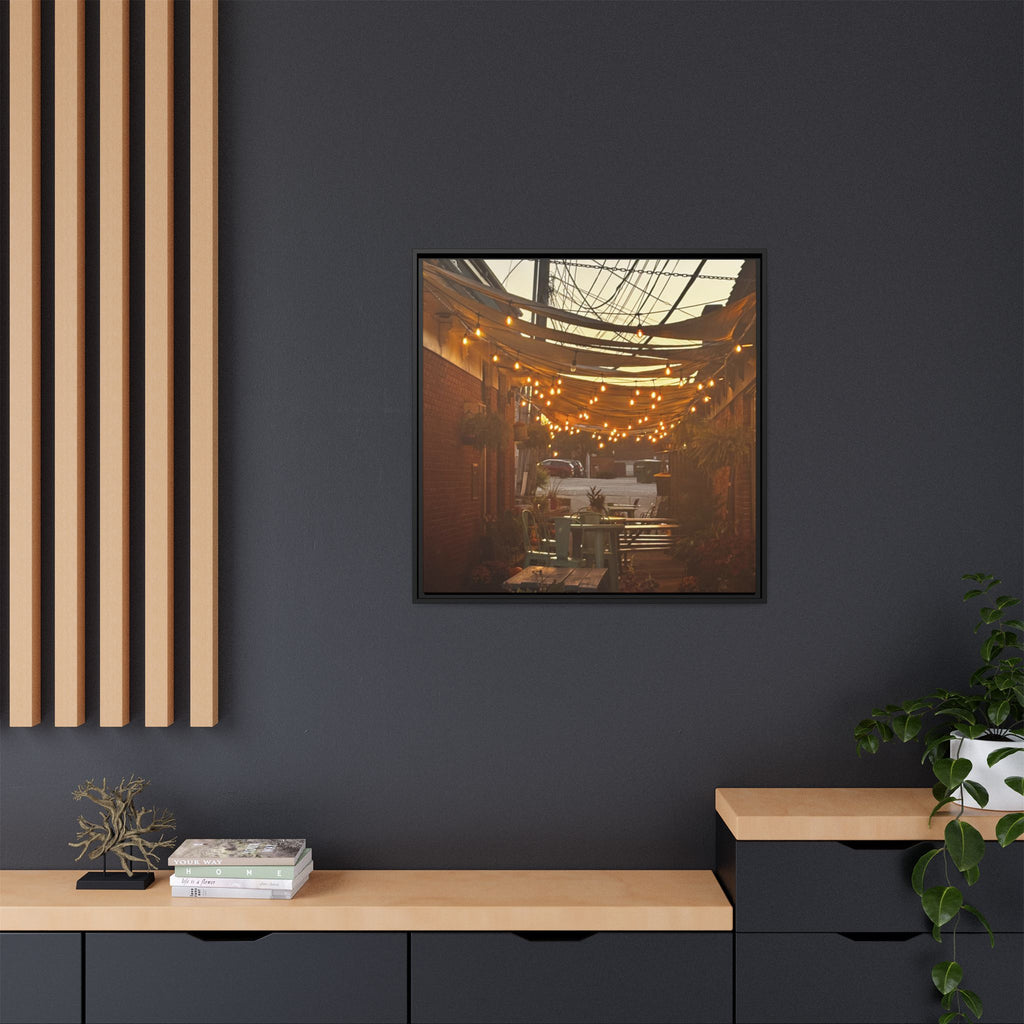 Cozy Alleyway String Lights — Framed Matte Canvas Print