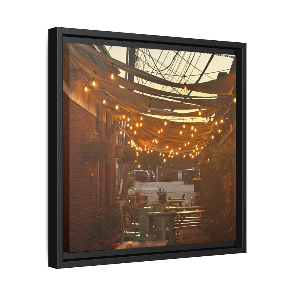 Cozy Alleyway String Lights — Framed Matte Canvas Print