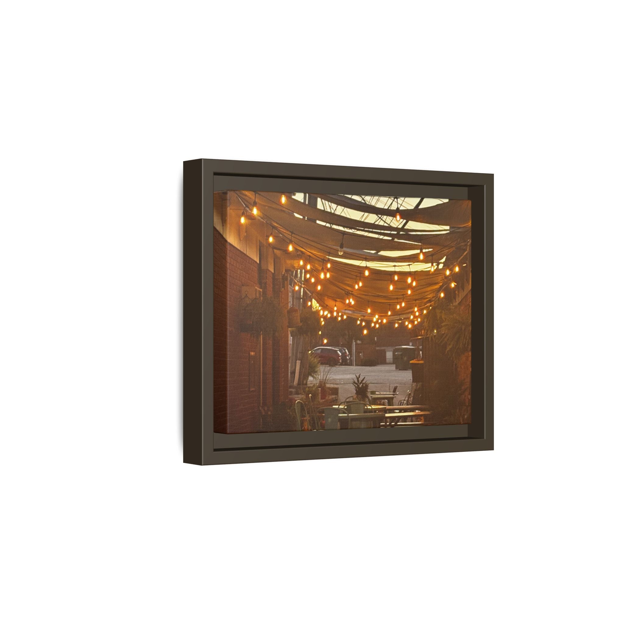 Cozy Alleyway String Lights — Framed Matte Canvas Print
