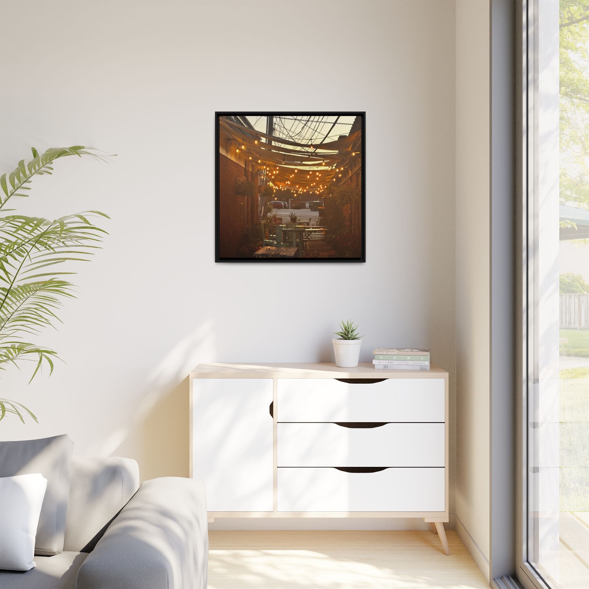 Cozy Alleyway String Lights — Framed Matte Canvas Print