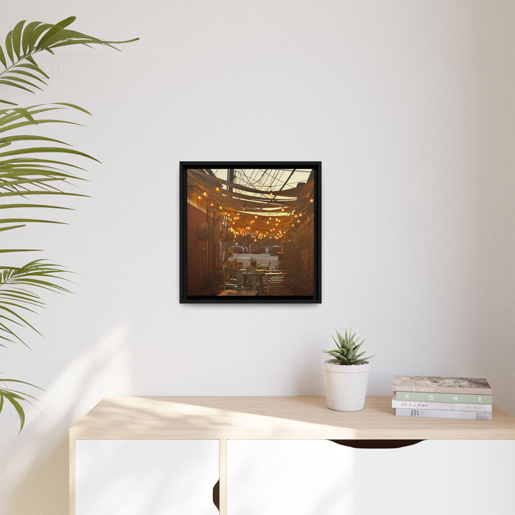 Cozy Alleyway String Lights — Framed Matte Canvas Print