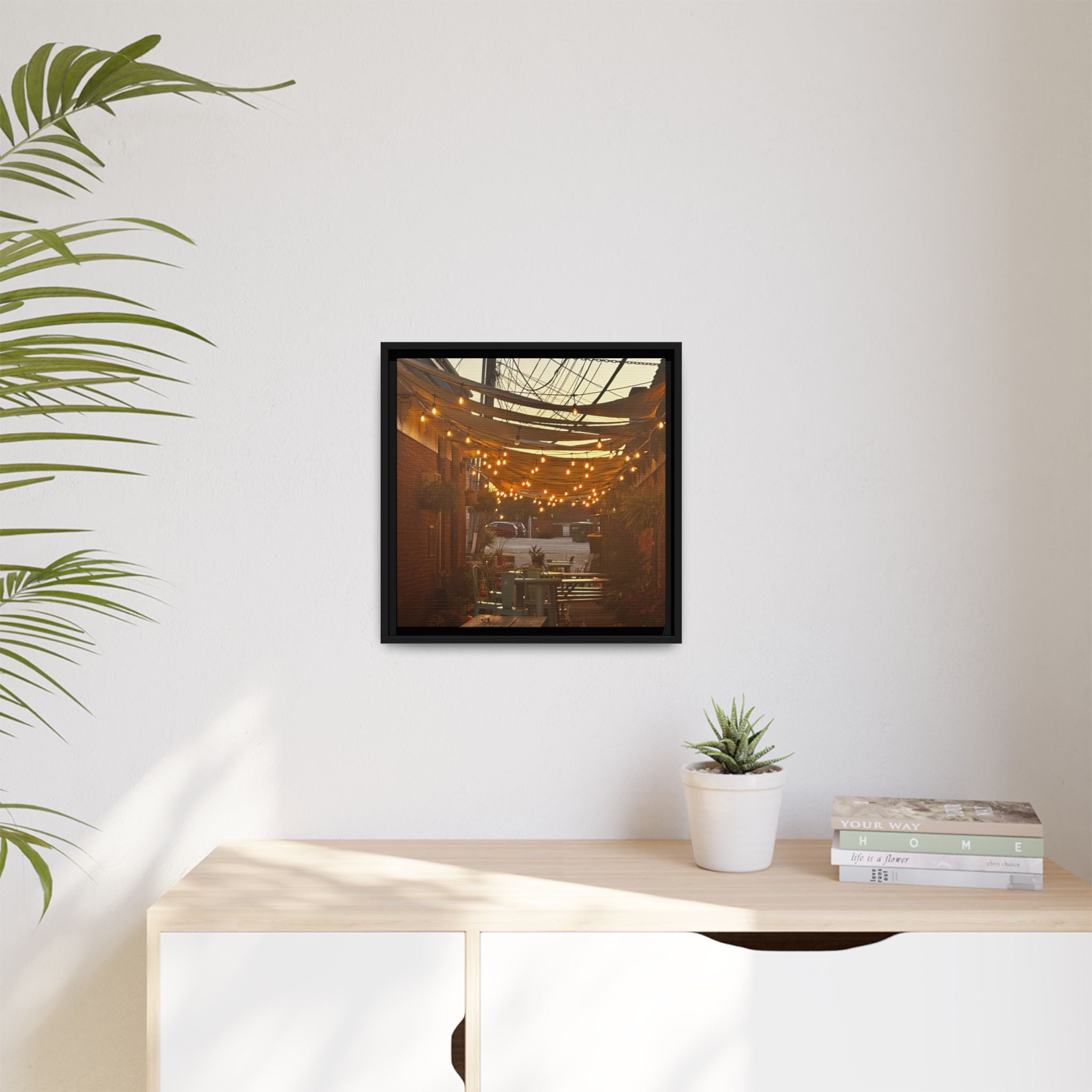 Cozy Alleyway String Lights — Framed Matte Canvas Print