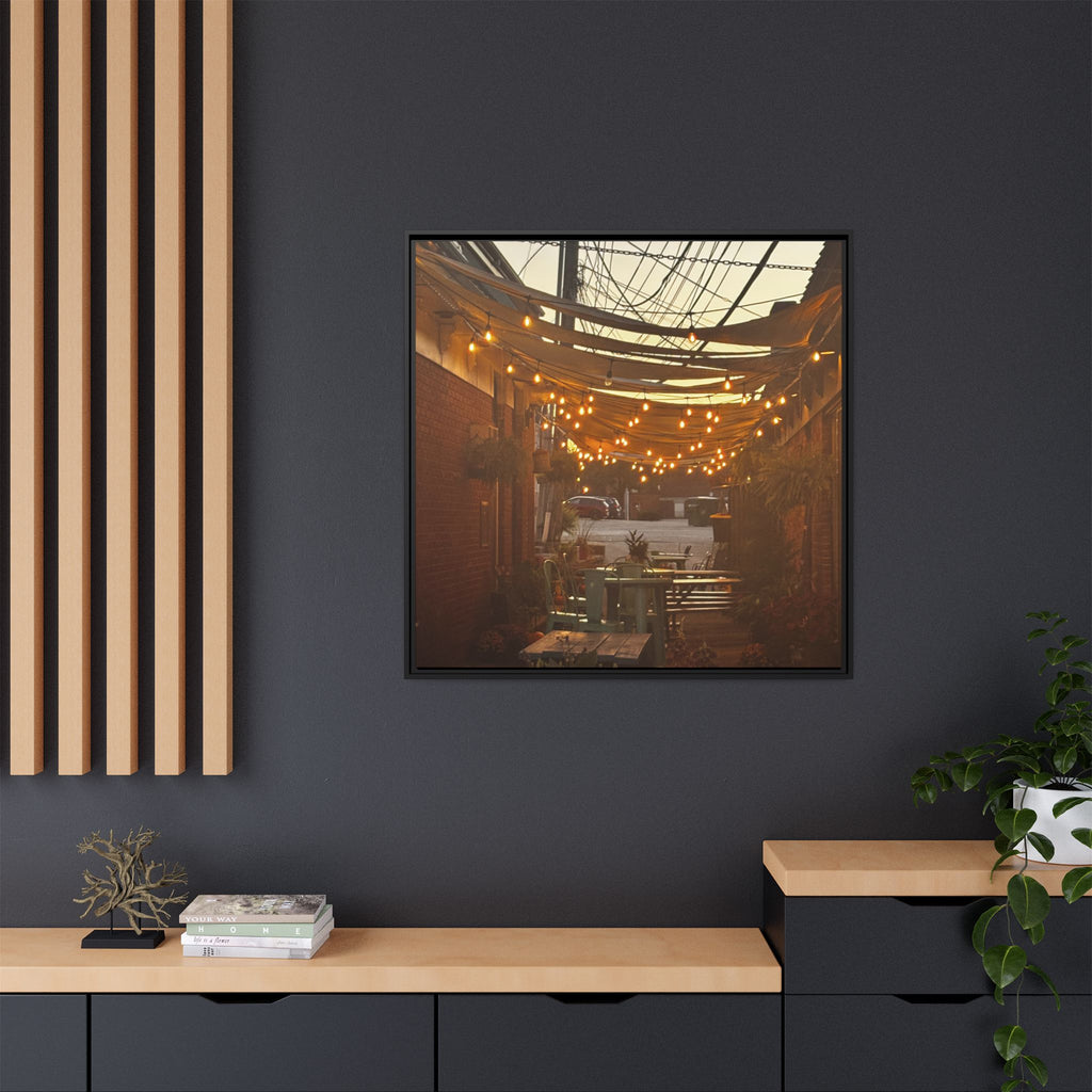 Cozy Alleyway String Lights — Framed Matte Canvas Print