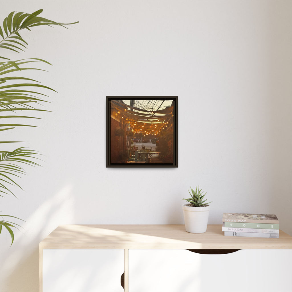 Cozy Alleyway String Lights — Framed Matte Canvas Print