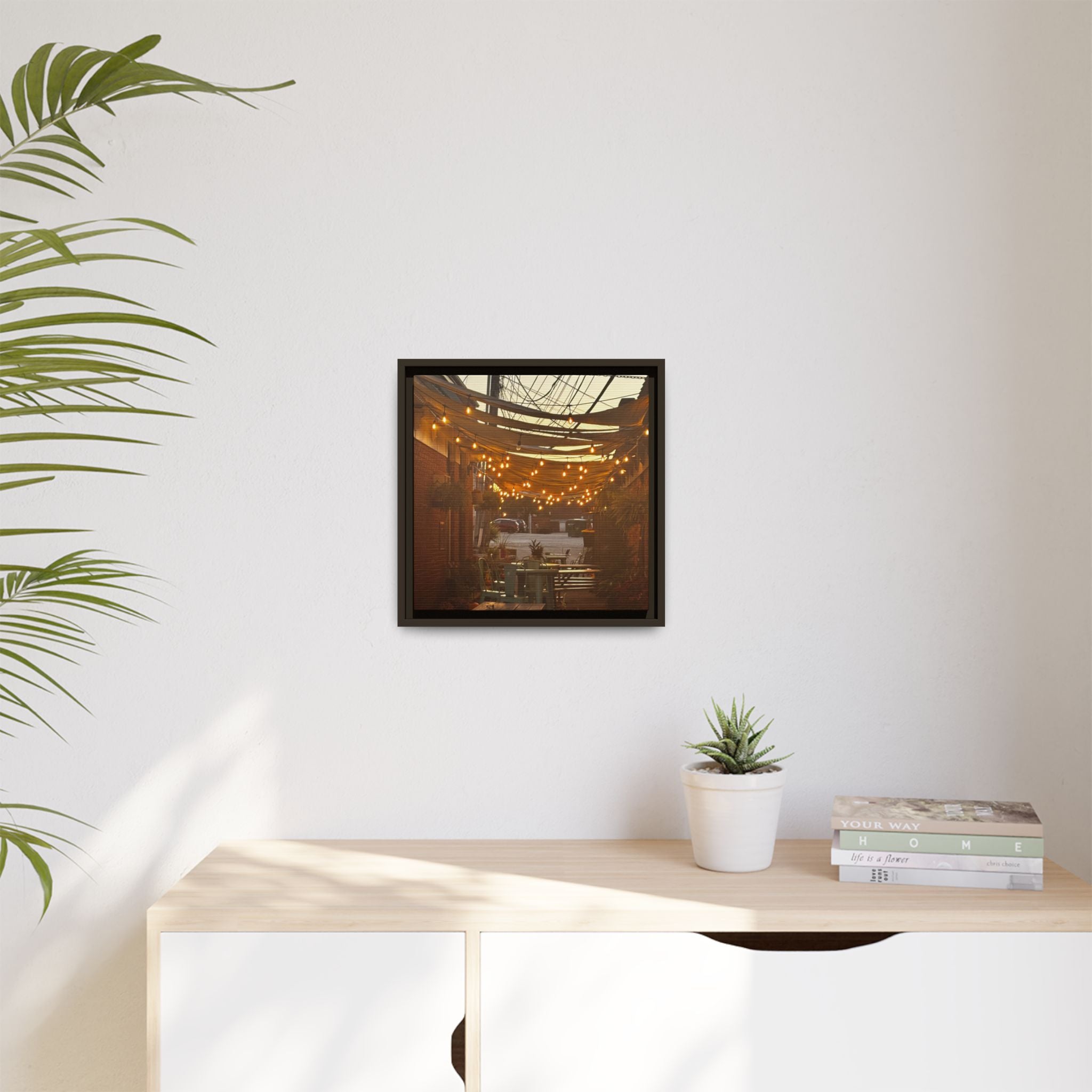 Cozy Alleyway String Lights — Framed Matte Canvas Print