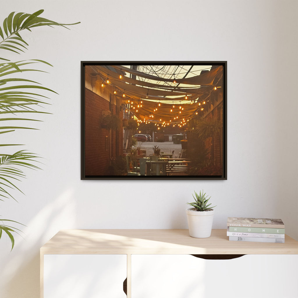 Cozy Alleyway String Lights — Framed Matte Canvas Print