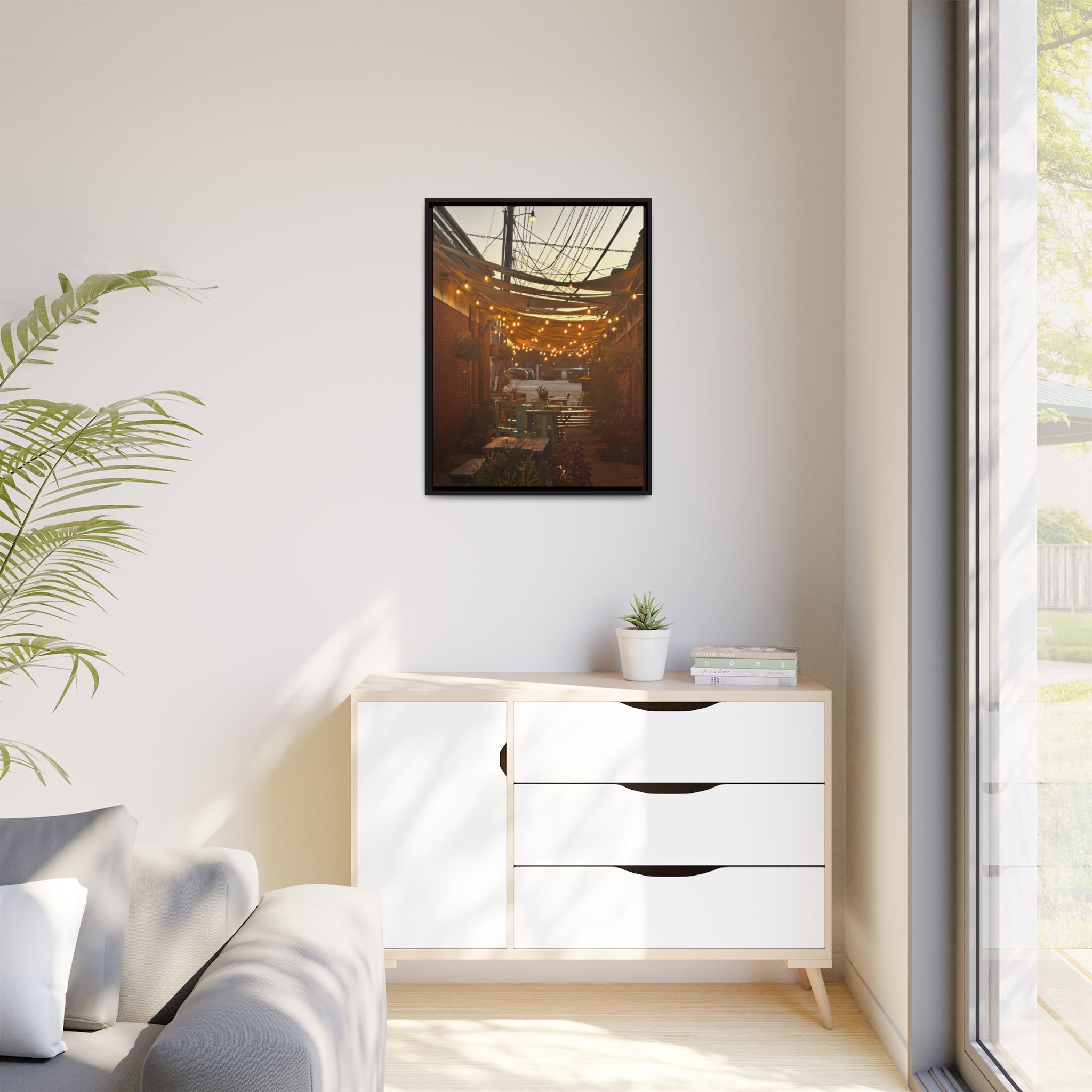 Cozy Alleyway String Lights — Framed Matte Canvas Print