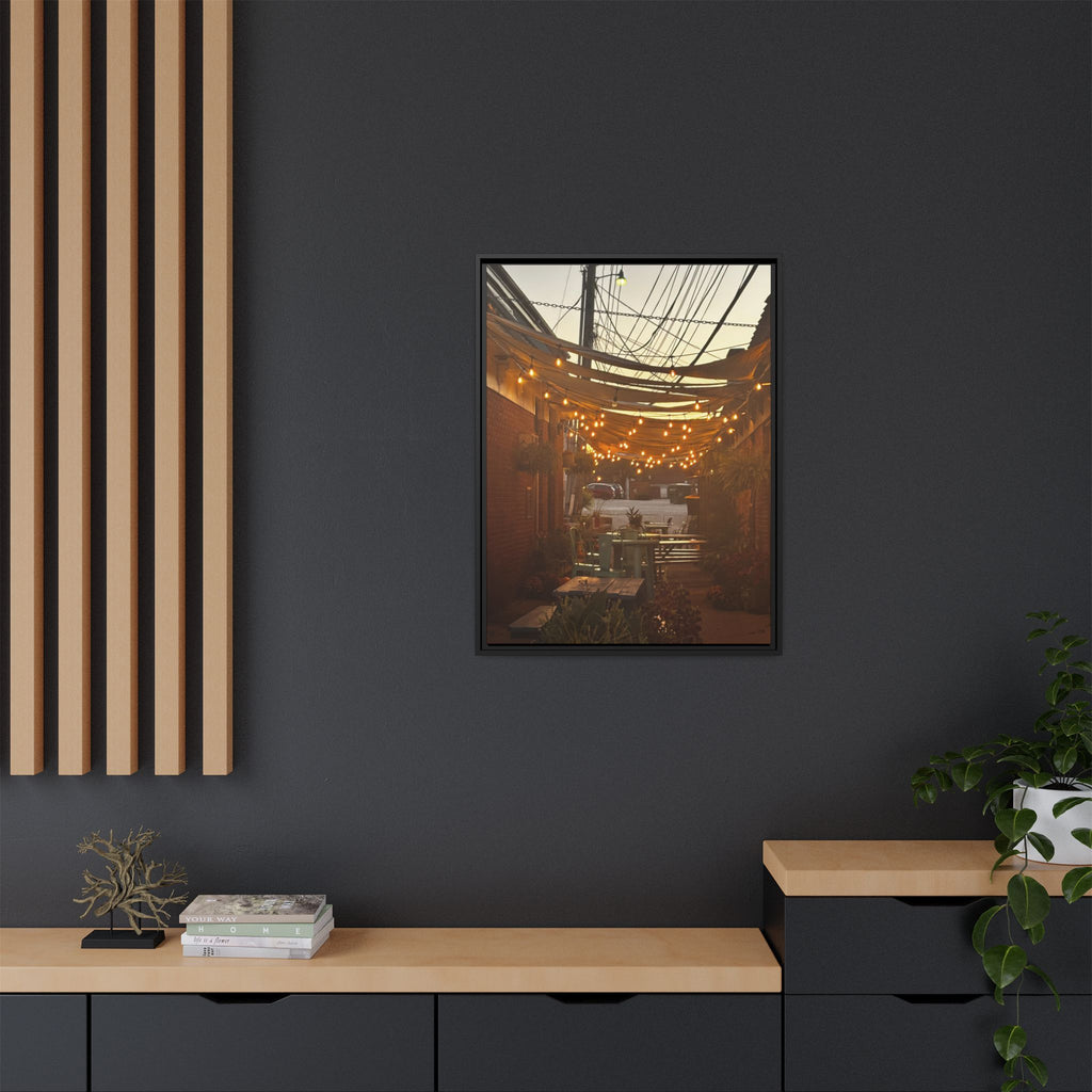 Cozy Alleyway String Lights — Framed Matte Canvas Print