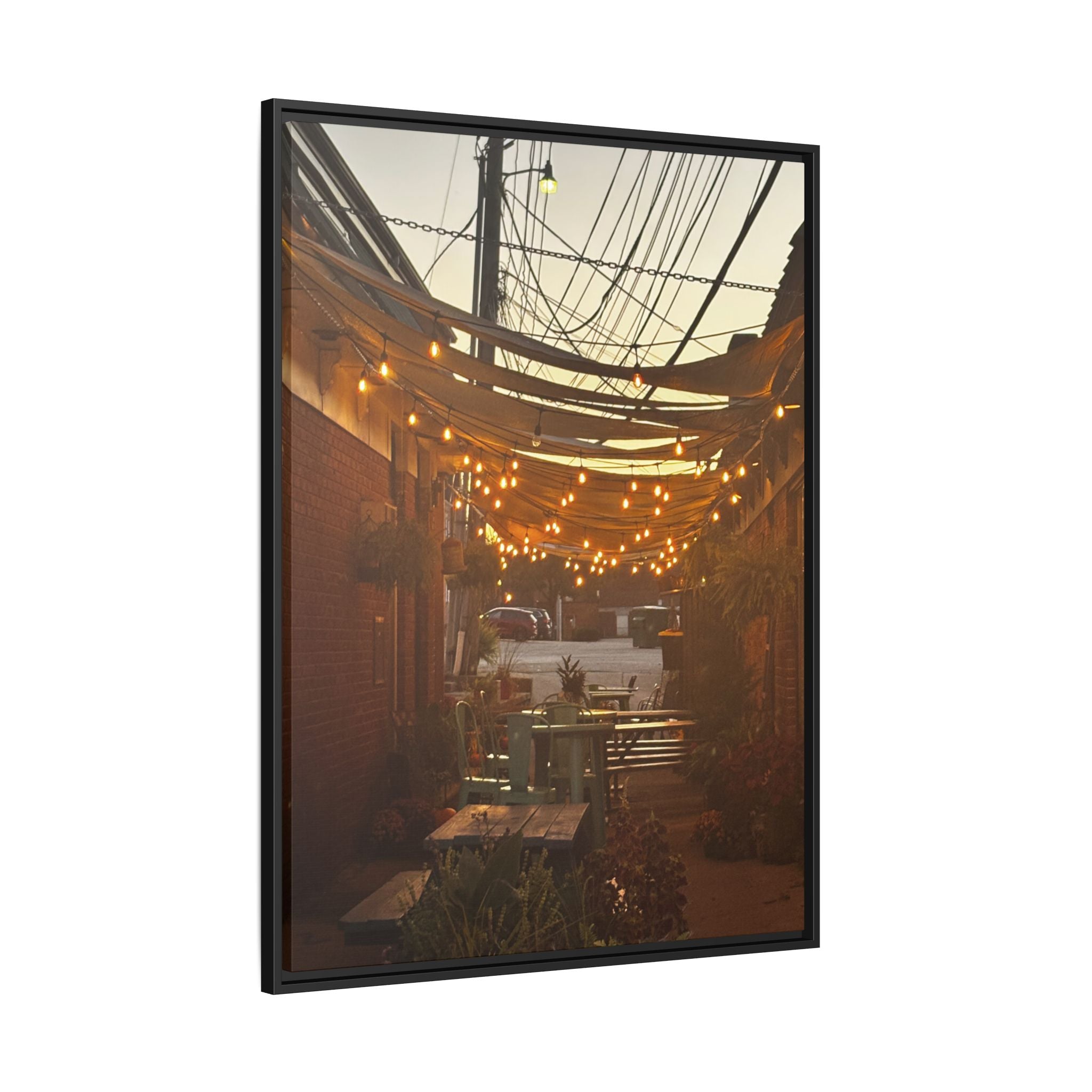 Cozy Alleyway String Lights — Framed Matte Canvas Print